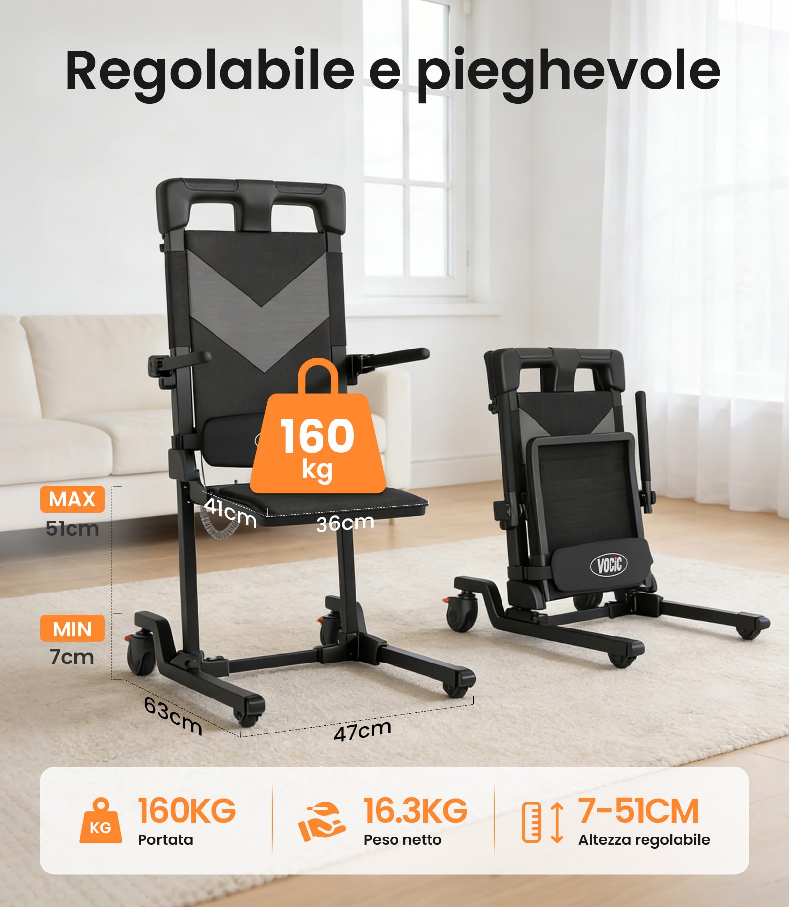 VOCIC AX35 - Sollevamento elettrico da terra con funzione di trasferimento, arrotolabile e mobile seduto per trasferimenti interni, portata fino a 160 kg, con 4 ruote e freni, compatta