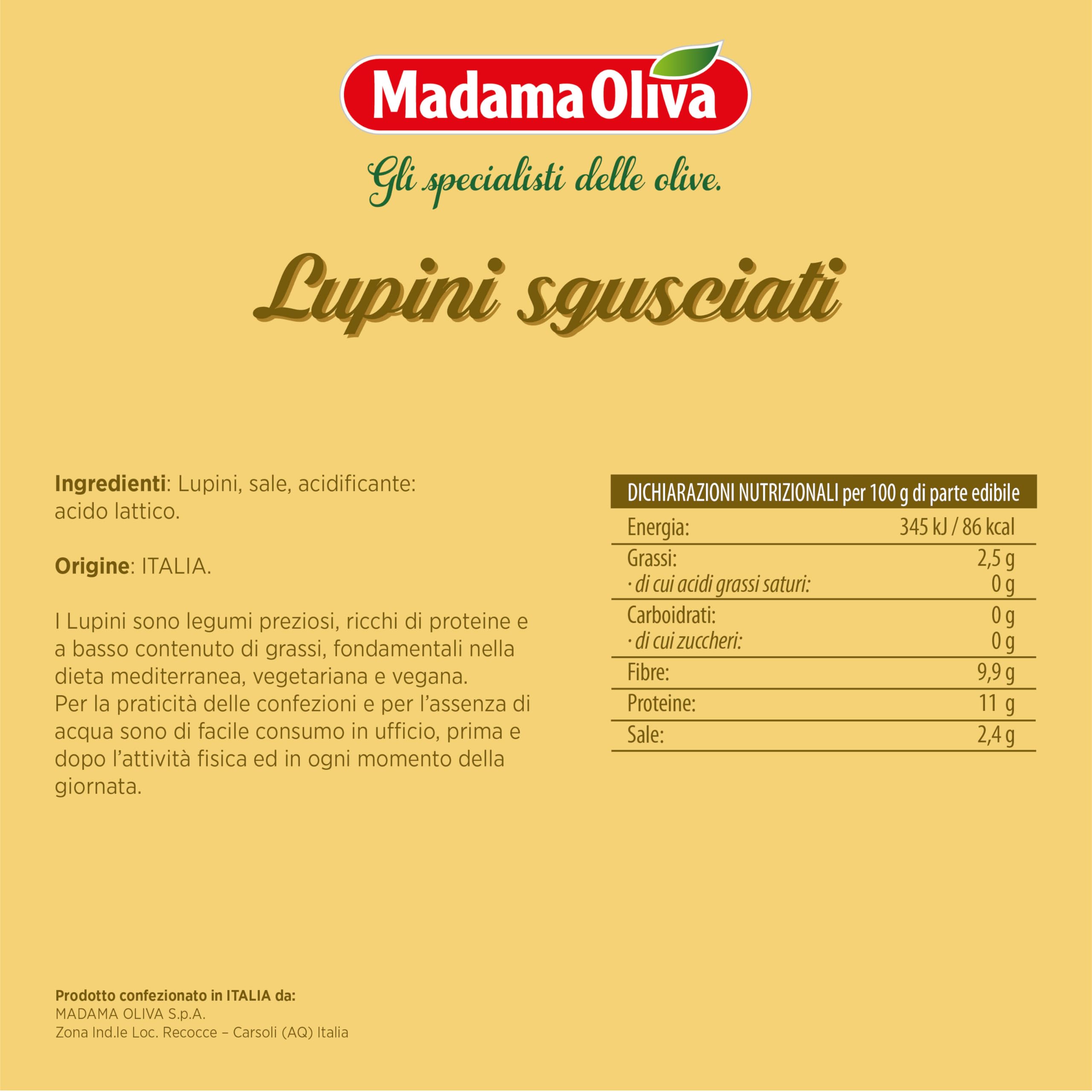 MADAMA OLIVA, Lupini Sgusciati, Ottimo Snack per Aperitivi, Ideale per le Insalate Miste e nelle Minestre, Senza Conservanti Aggiunti, 100% Made in Italy, Box da 20 Buste in Alluminio da 30 gr