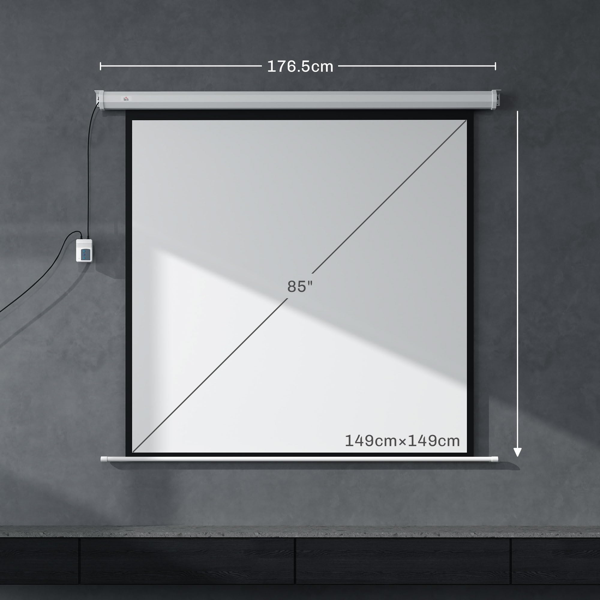 HOMCOM Schermo per Proiettore Motorizzato da 85 Pollici 1:1 con Telecomando, Telo Proiettore Avvolgibile in Plastica e Metallo, 176.5x8x176.5 cm, Bianco