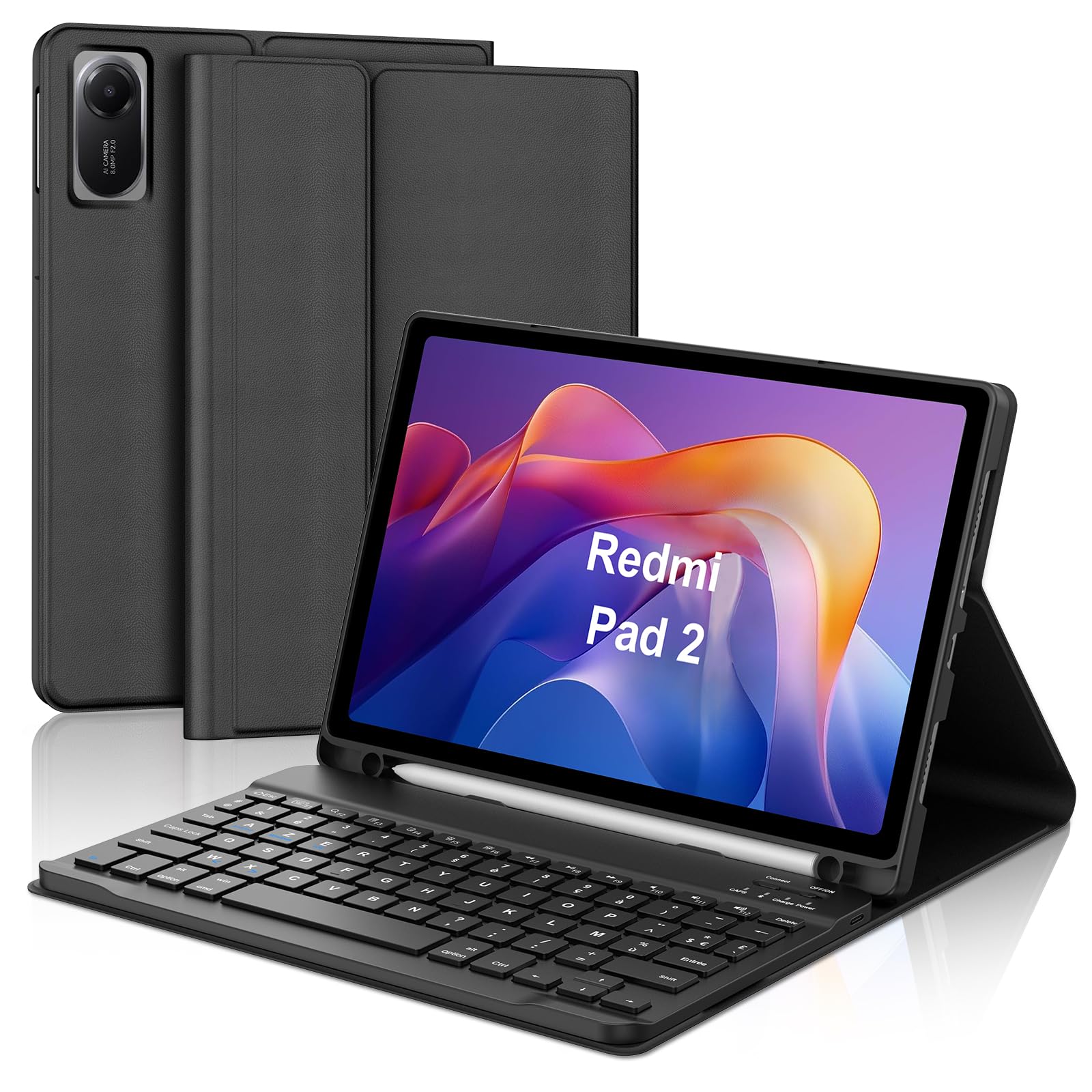 Cover Con Tastiera Bluetooth Staccabile Per Xiaomi Redmi Pad 2 11” 2025 – Layout AZERTY Francese, Custodia Magnetica In Nero