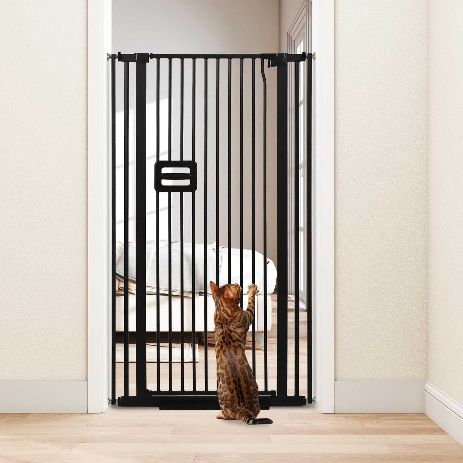 SMONTER 55" High Extra Tall Baby Gate, Safety Cat Gate for Doorways, Expands to 30.1"-34.1" Wide, Auto Close Dog Gate, No Drilling Pressure Mounted Cat Fence, Pet Gate Indoor for Stairs, Black