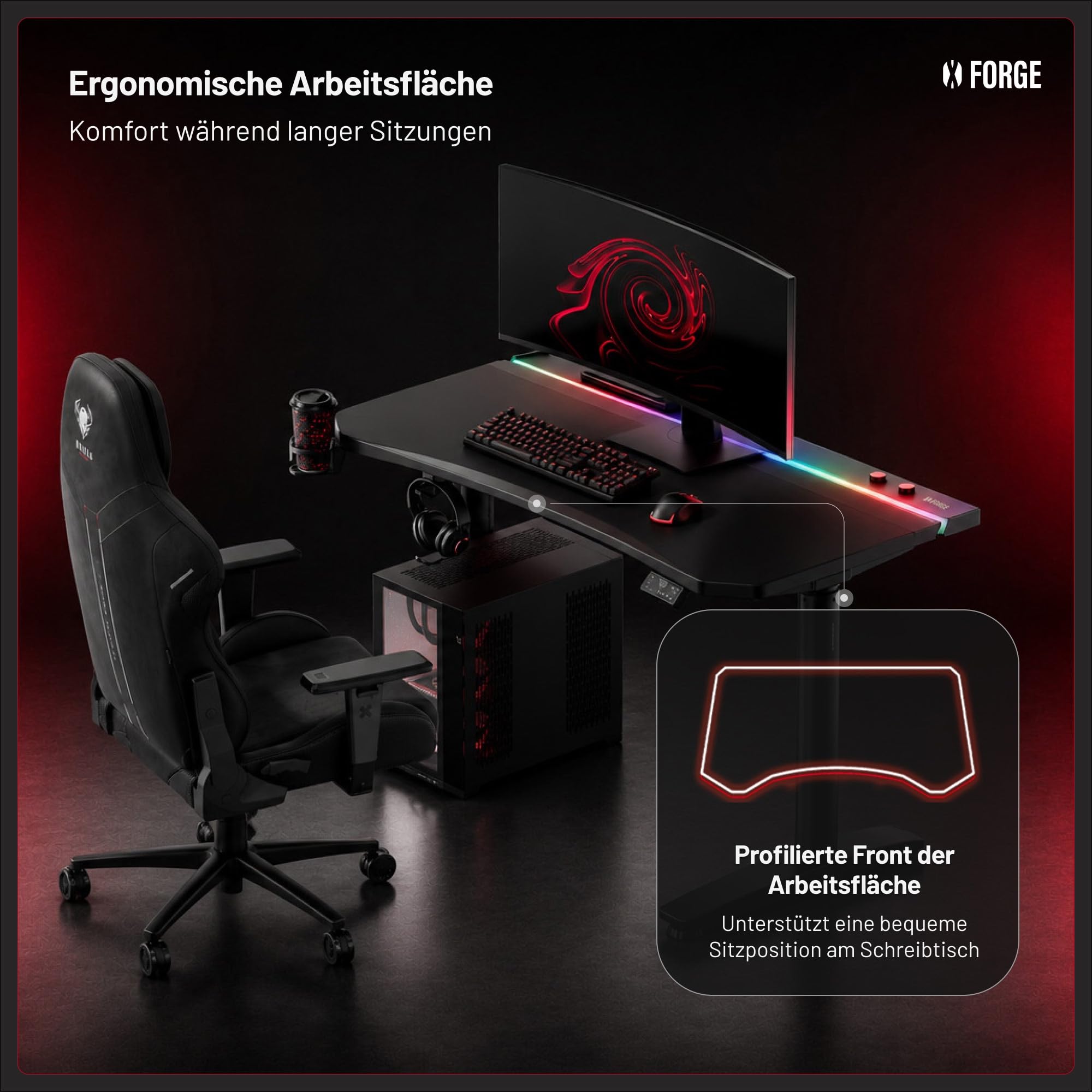 Diablo Gaming Schreibtisch höhenverstellbar Gaming Tisch RGB LED, 140x70 cm | Computertisch, PC Tisch elektrisch höhenverstellbar, Kabelmanagement, Headsethalter, Getränkehalter, ergonomische Tischplatte