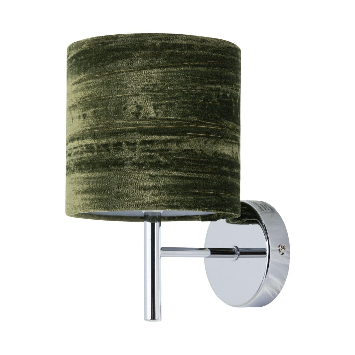 Firstchoicelighting Chrome & Dark Green Brea Chrome Wall Light With Green Crushed Velvet Shade, Modern Wall Sconce, Led Compatible, Mains Hard Wired
