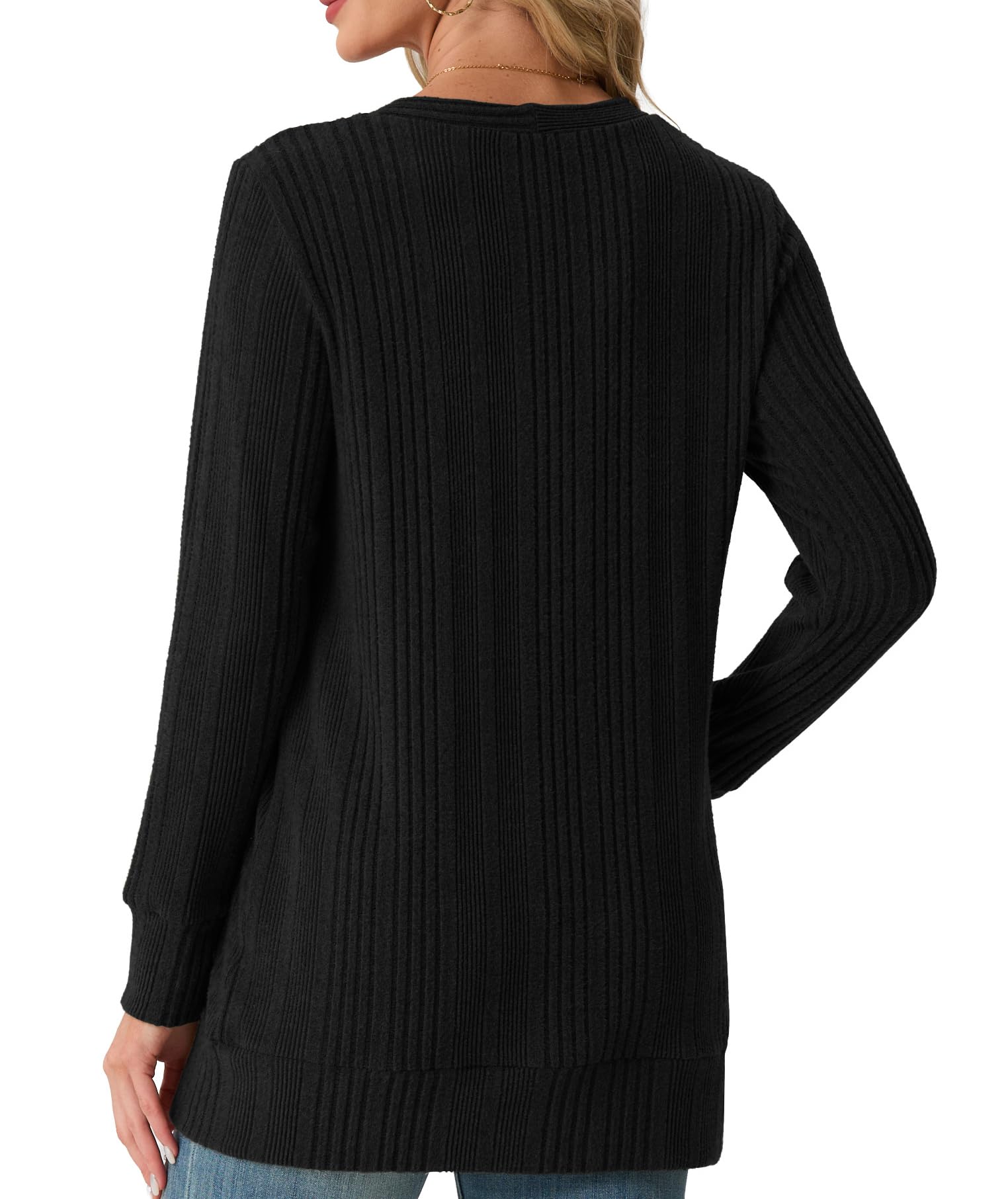 GRECERELLE Damen Sommer Lang Strickjacke Elegant Leichte Lässig Cardigan V-Ausschnitt Gerippt Strickjacken mit Tasche, Knöpfen