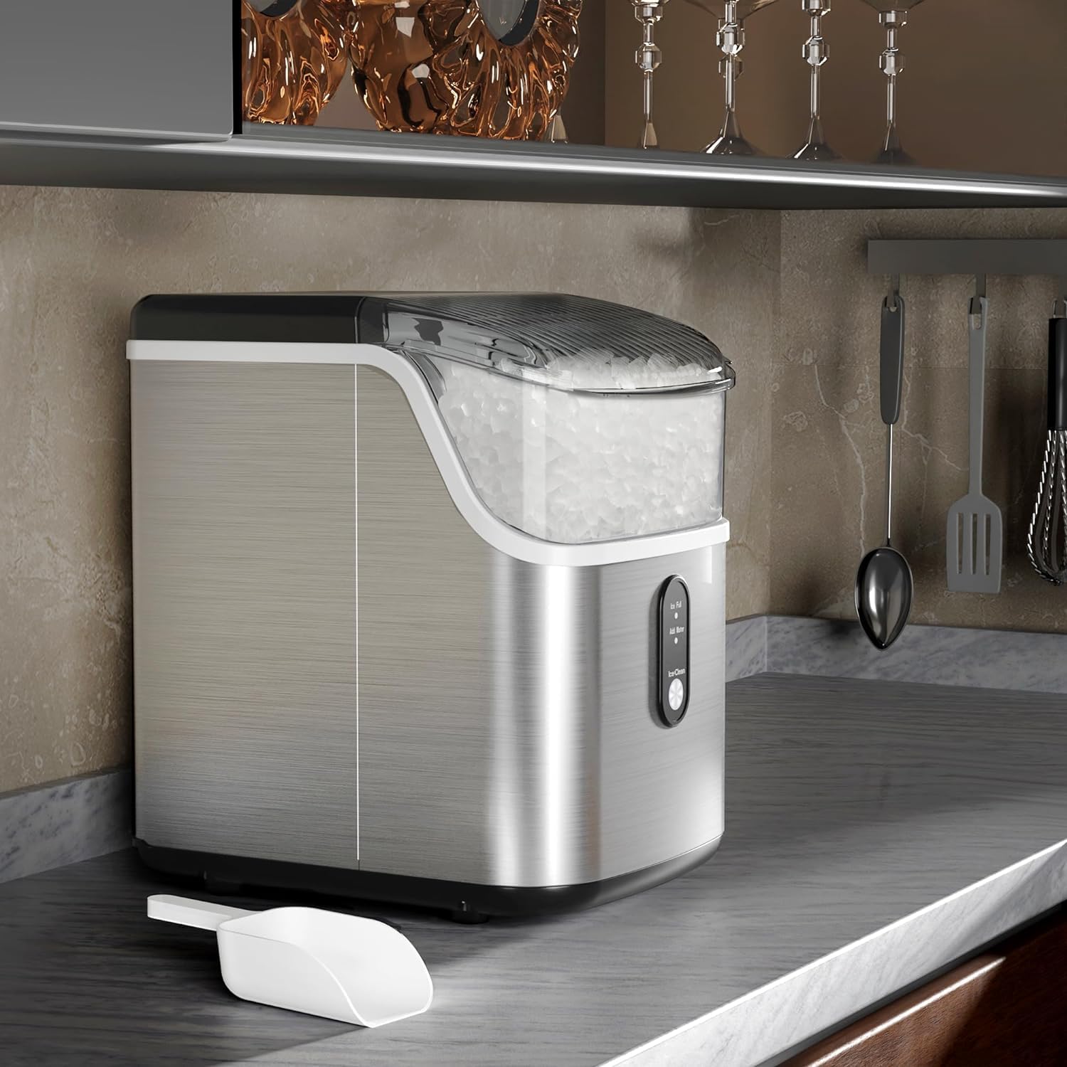 Crzoe Nugget Ice Makers Countertop, 35lbs/Day Pebble Ice Maker Machine with Sonic Ice, Self-Cleaning Countertop Ice Maker with Ice Scoop and Ice Basket for Home & Kitchen(Stainless Steels Silver)