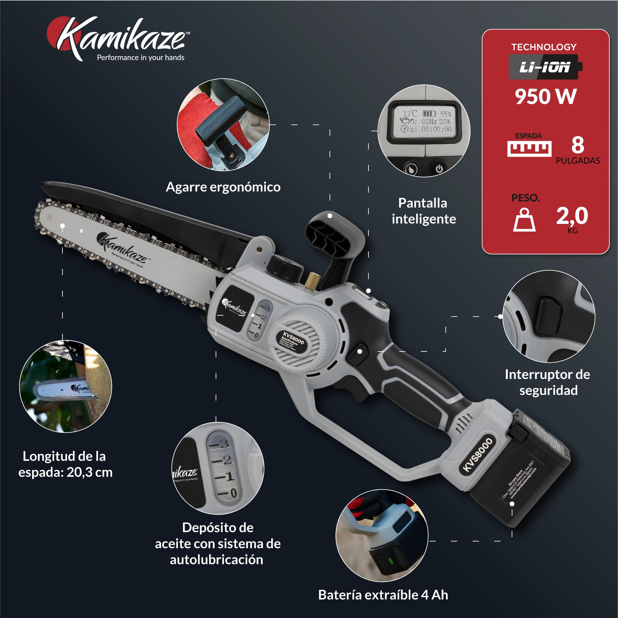 KAMIKAZE Mini Motosierra Eléctrica a Batería - Portátil, 300W, 2 Baterías de 21V 4Ah, Carga Rápida, Mango Ergonómico, Sistema de Seguridad, Corte Ø160mm, Incluye Maletín y Aceite Lubricante