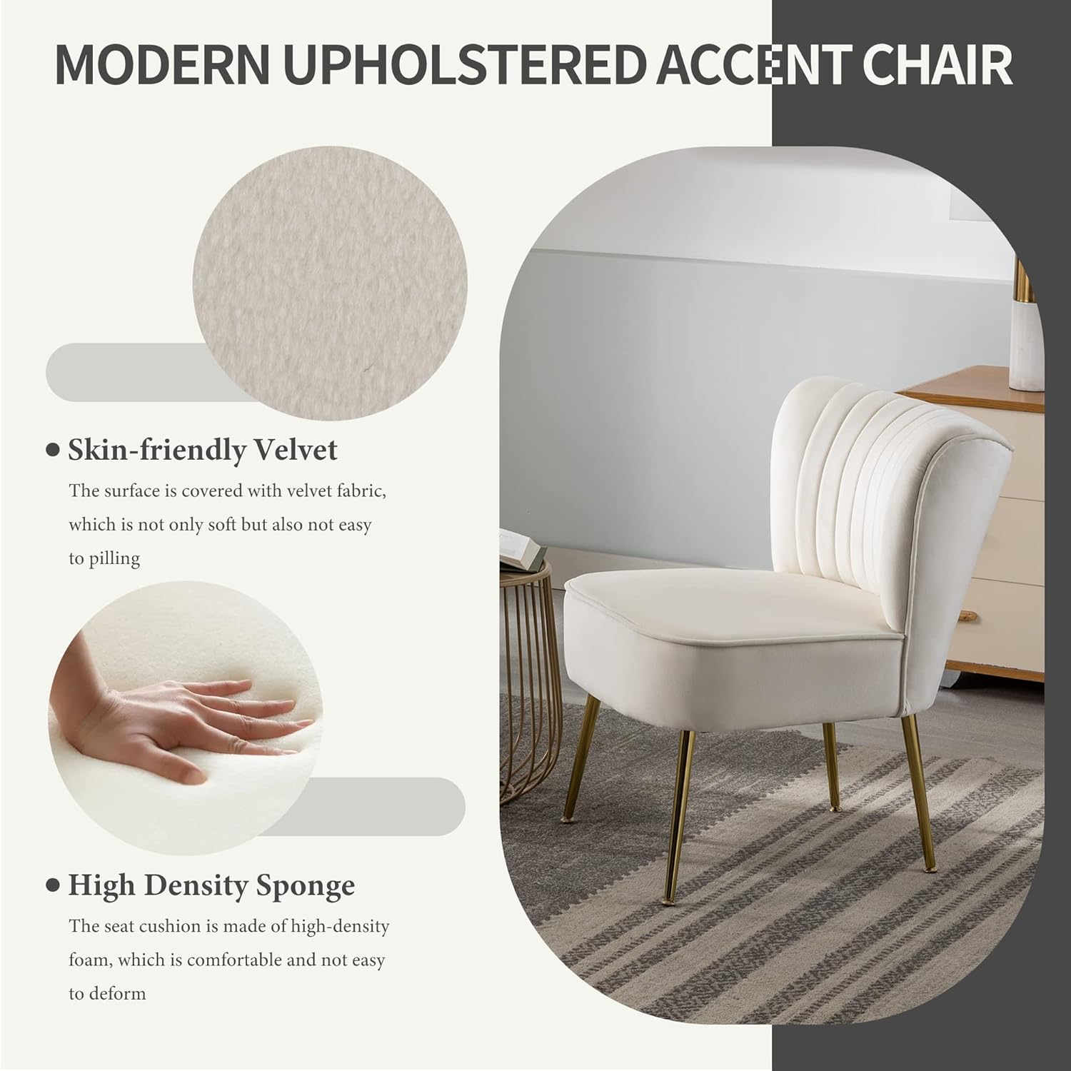KCC Modern Velvet Upholstered Accent Chair Set of 2,Mid Century Living Room Chairs with Golden Legs,Comfy Armless Chair Wingback Single Sofa Side Chair for Bedroom,Beige