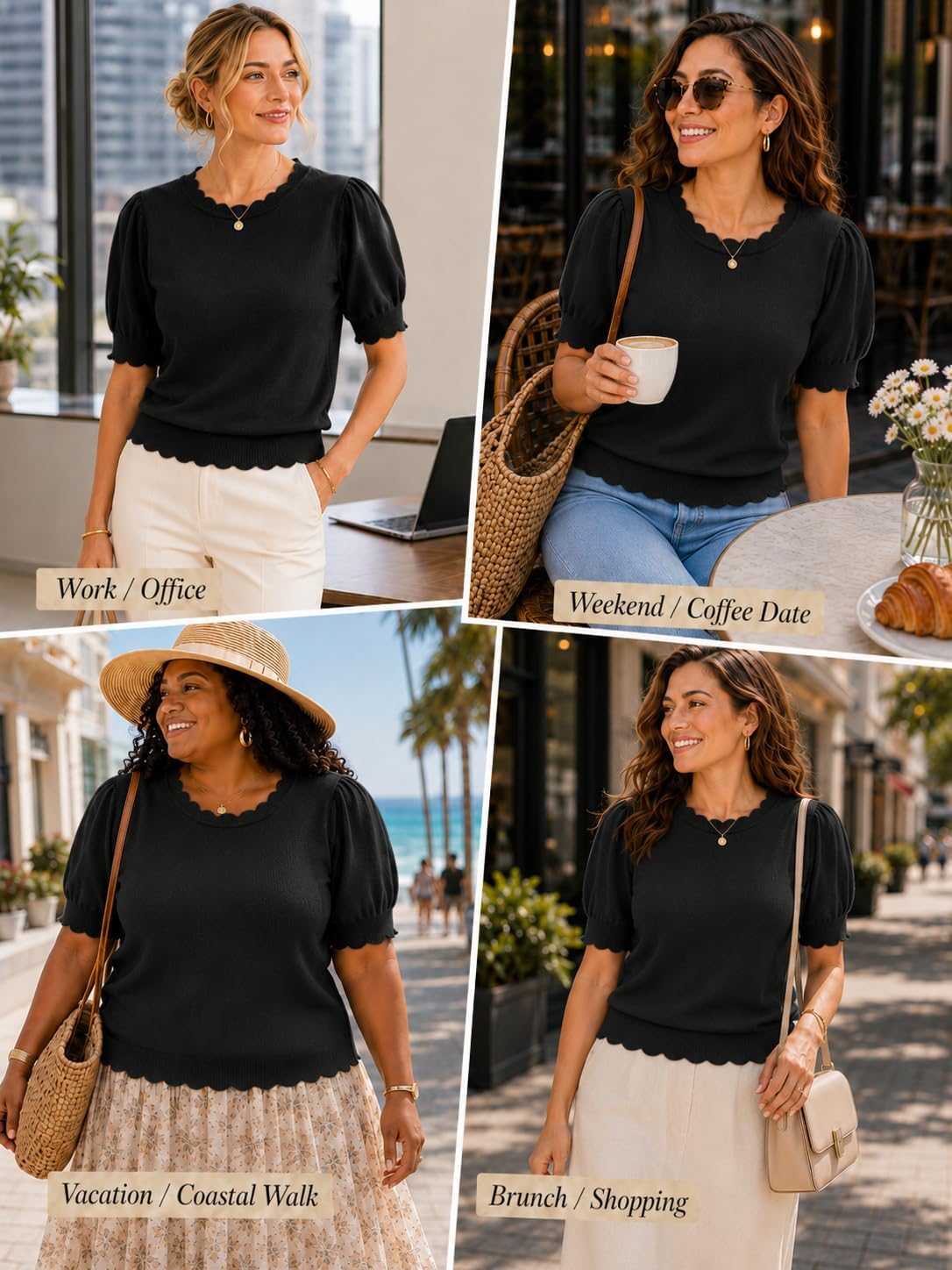 Short Sleeve Sweater for Women Pullover Knit Tops Scalloped Crewneck Puff Sleeve 2026