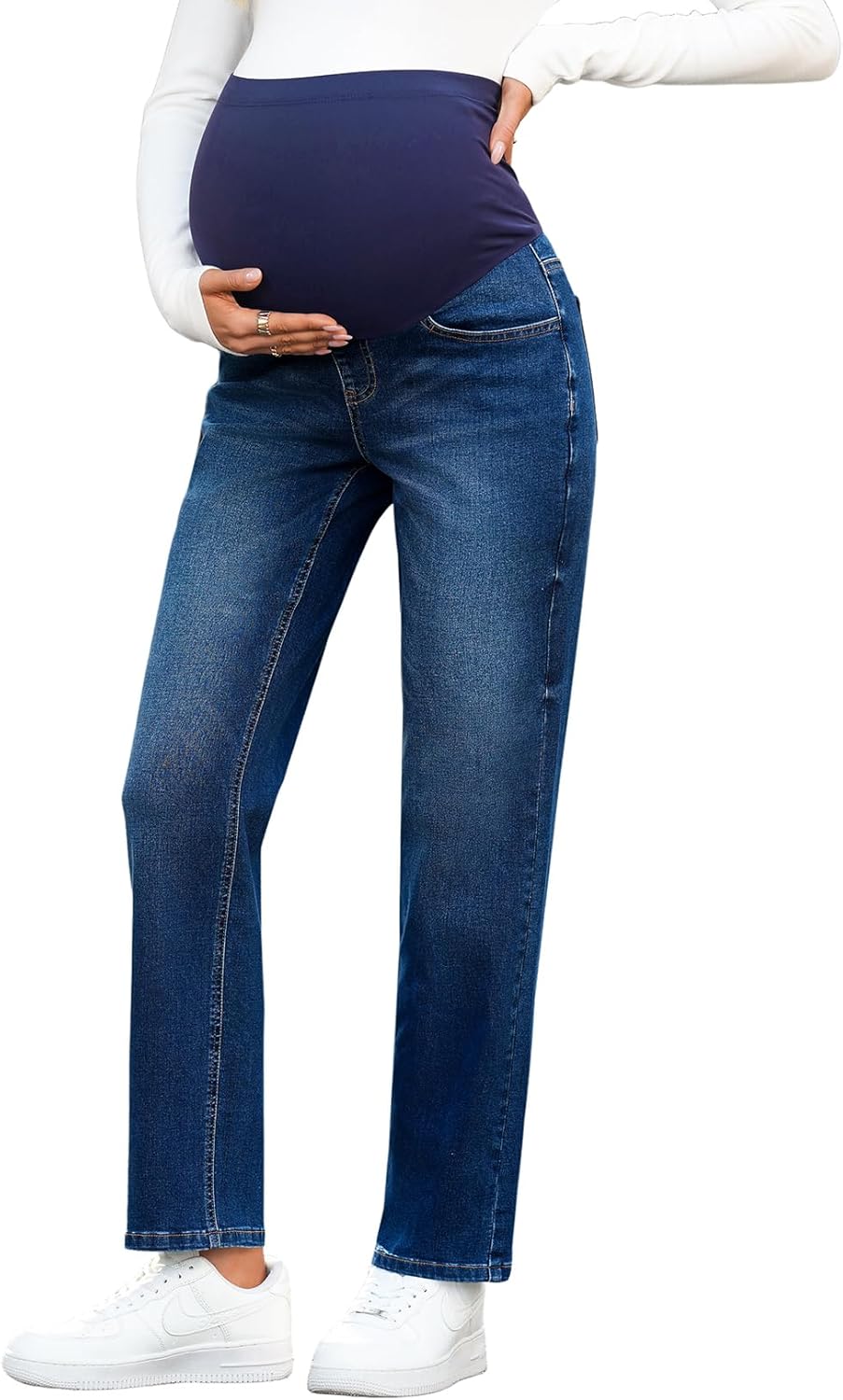 BLENCOT Women's Maternity Jeans Work Pants Over Belly Fit Stretchy Straight Leg Pregnancy Clothes with Pockets Dark Blue Medium