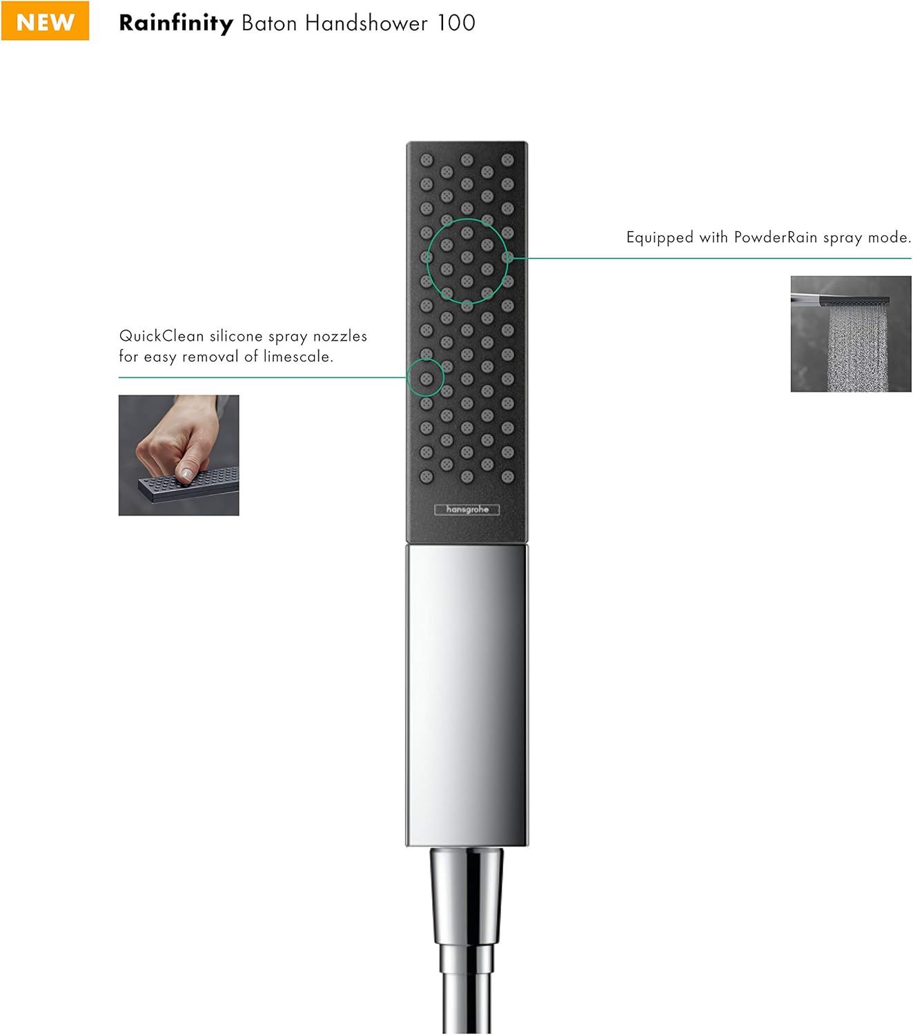 hansgrohe Rainfinity 2-inch Modern Handheld Shower Head 1-Spray PowderRain in Chrome, 26867001