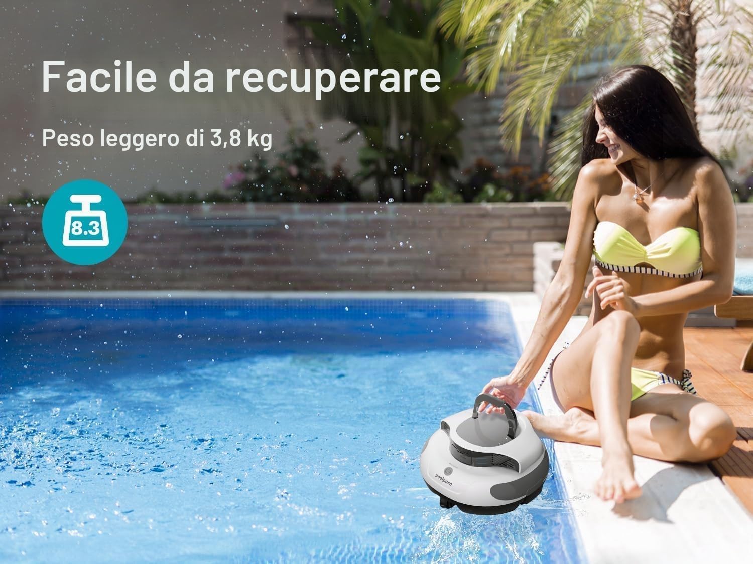 POOLPURE Robot aspirapolvere per piscina, 5000mAh, doppio motore, doppio sensore Hall, display LED, parcheggio automatico, impermeabile IPX8, aspirapolvere per piscina senza fili