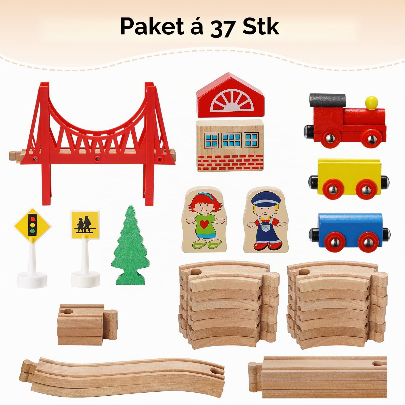 SainSmart Jr. Holzeisenbahn Set 37 Teile, Eisenbahn Starterset für Kinder ab 3 Jahren, kompatibel mit Thomas, Brio & Eichhorn, Holz Zug Set mit Brücke & Zubehör