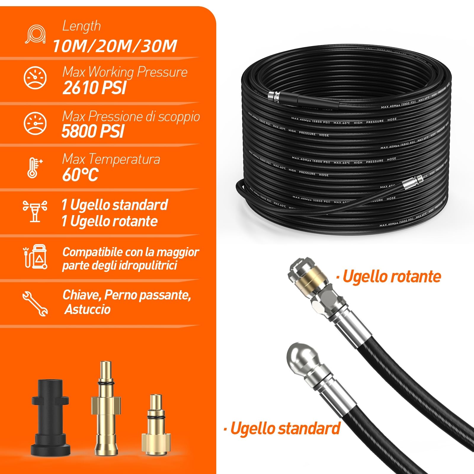 30M Sonda Sturatubi per Idropulitrice Lavor&Kärcher&Bosch AQT | Connessione da 1/8 di pollice Tubo per Idropulizia Fognature con Ugello Compatto e Rotante