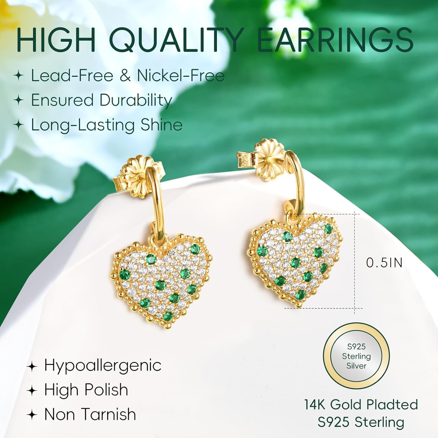 LEONIDS 14K Gold Plated Cubic Zirconia Love Heart Dangle Earrings for Women Trendy 925 Sterling Silver Jewelry Gifts for Her Birthday - Image 6