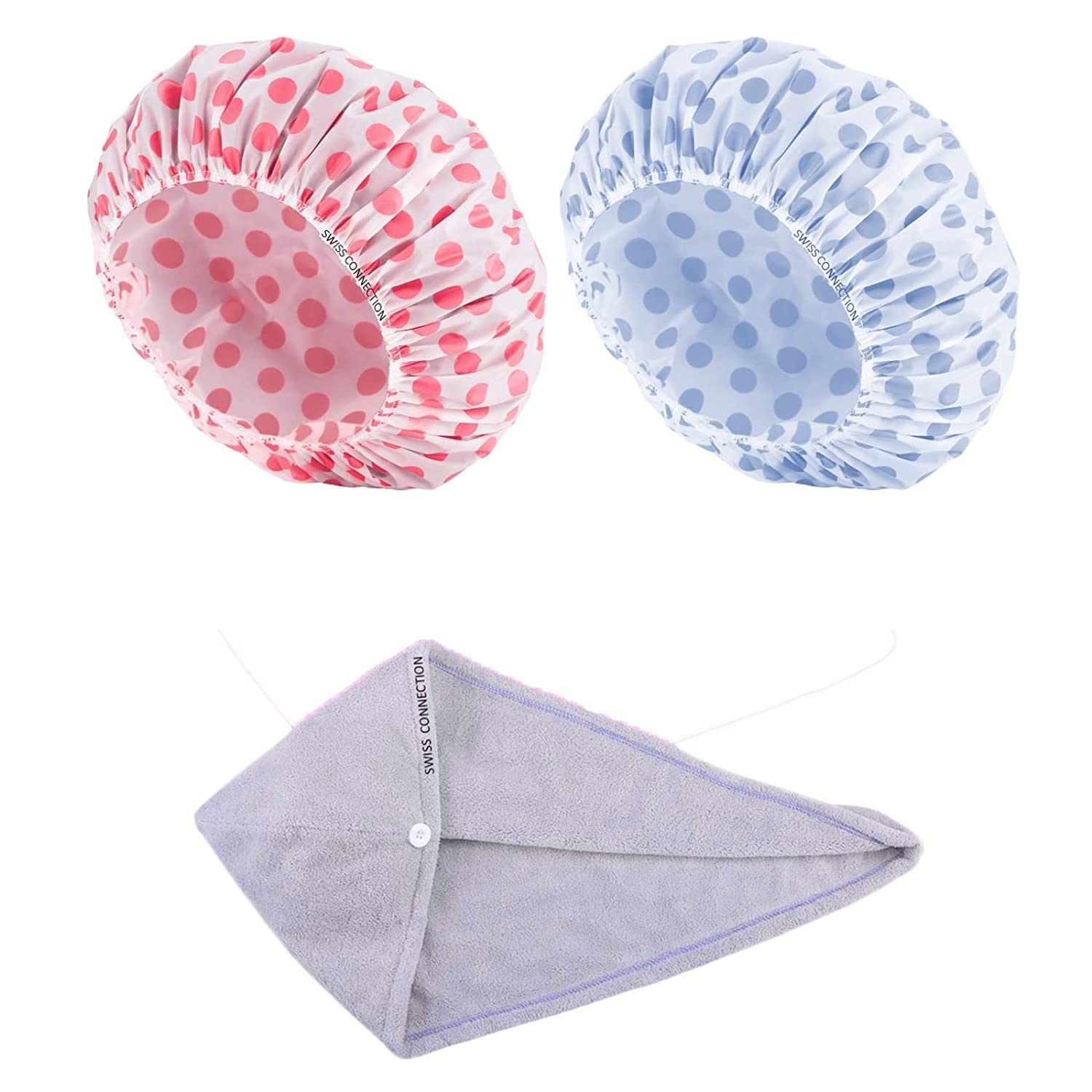 Swiss Connection Microfiber Hair Towel with Shower Cap Bathing Accessories Combo pack, Soft Absorbent Quick Drying Reusable Shower Cap, Easy to Carry (Pack of 3)