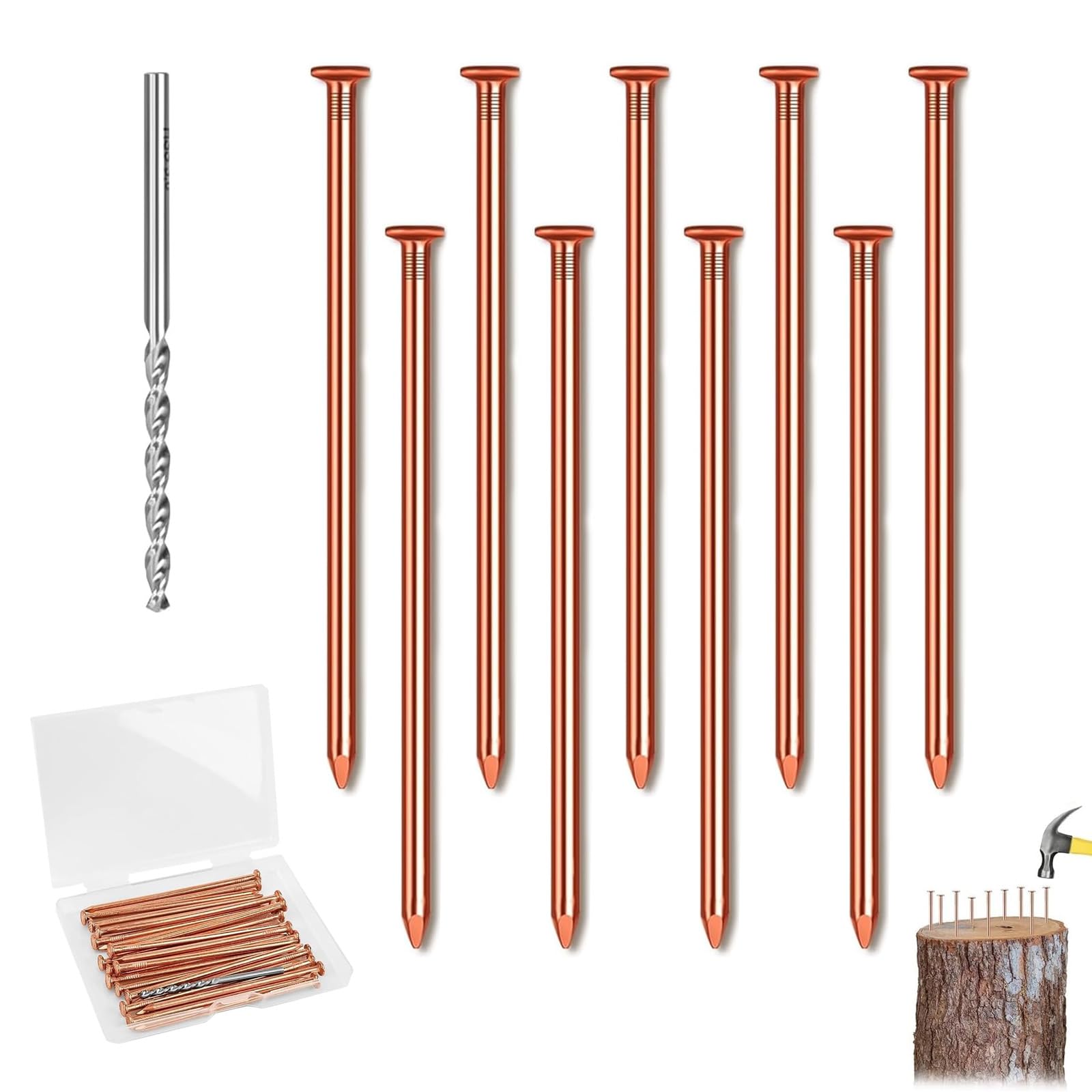 10 Pcs Copper Nails Kit to Killing Trees, 3.15" Pure Copper Nails Bulk with HSS Drill Bit, Stake Removal Nailer for Trees, Heavy-Duty Stump Removal Spikes Hardware Nail for Landscaping & Gardening