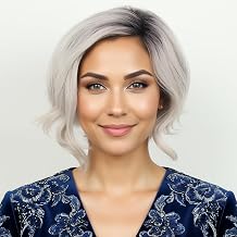 TISHINING Grey Short Wavy Bob Wigs fo Women Ombre Gray Chin Length Layered Wavy Wigs with Dark Roots Heat Synthetic Natural Looking Daily Party Wig