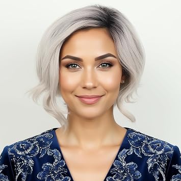 TISHINING Ombre Grey Short Wavy Bob Wigs for Black Women Chin Length Mixed Gray Layered Wavy Wigs with Dark Roots Synthetic Natural Looking Daily Party Wigs for Women