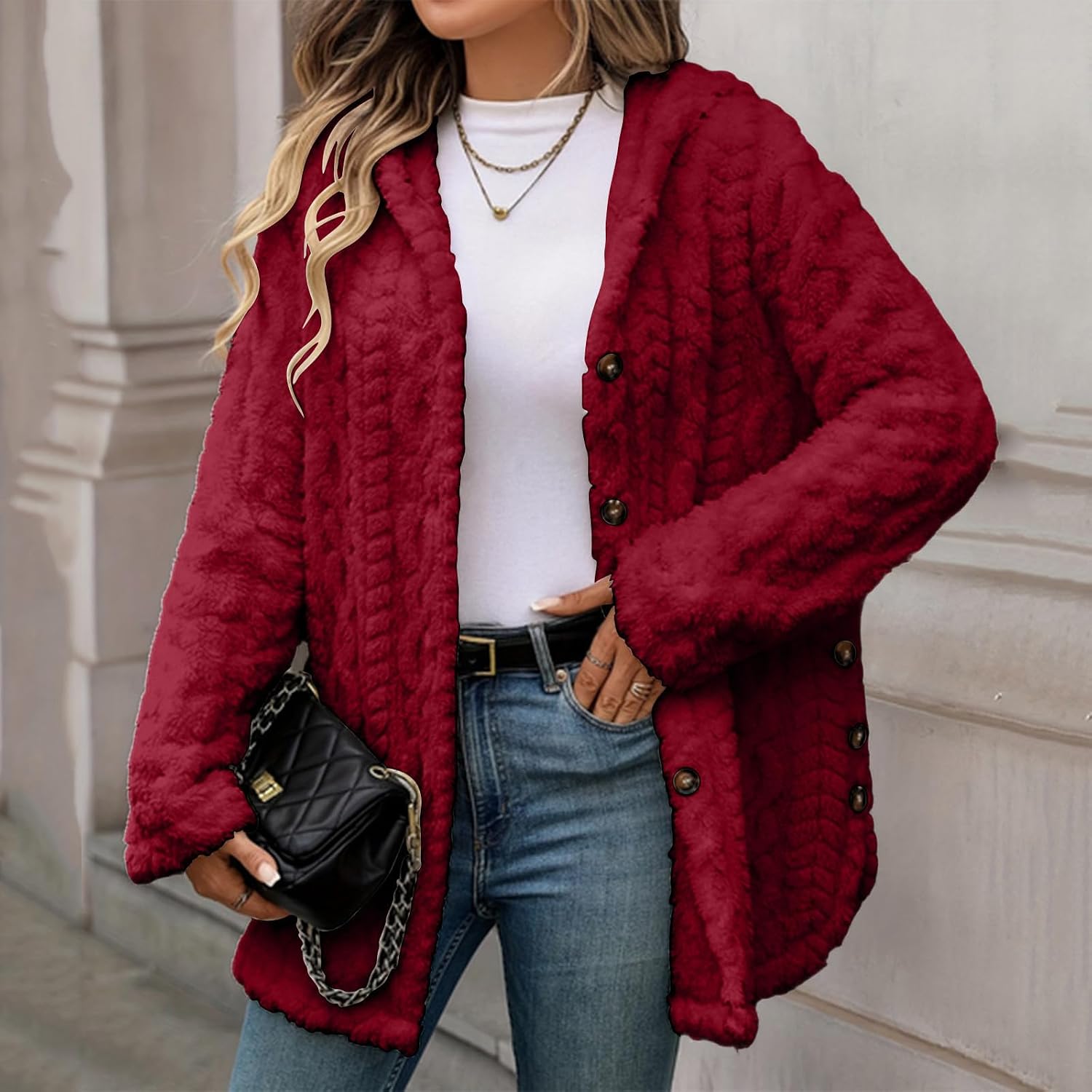 Women's Hooded Coat Button Front Casual Textured Long Fleece Jacket