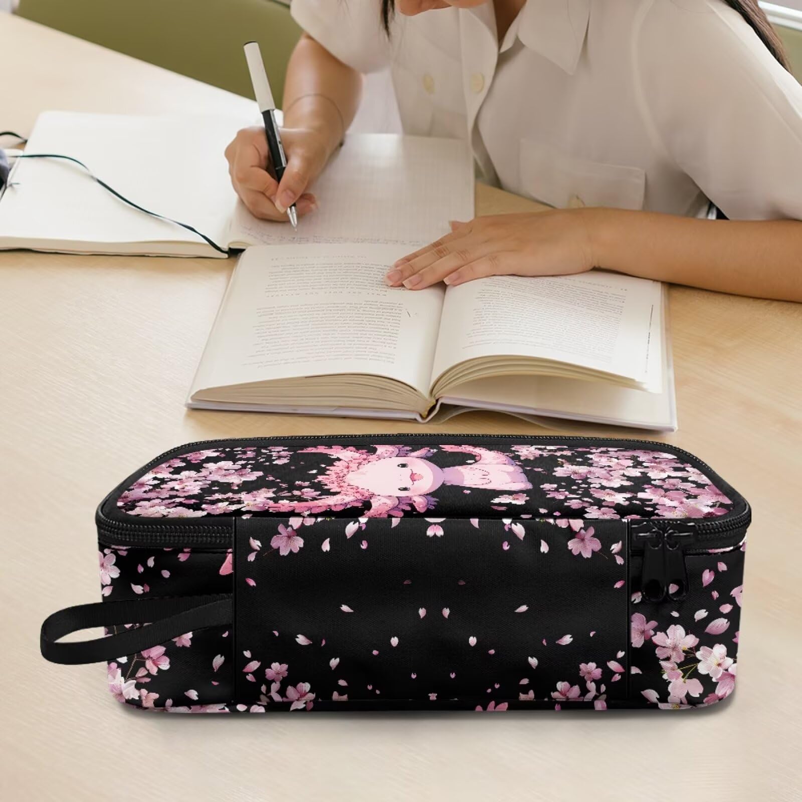 Dngkaoje Cherry Blossom Axolotl Pencil Case for Girls Big Capacity Pencil Pen Zipeper Pouch Bag High Storage Case Primary School College Office Organizer for Kids Girls Pencilcase - Image 4