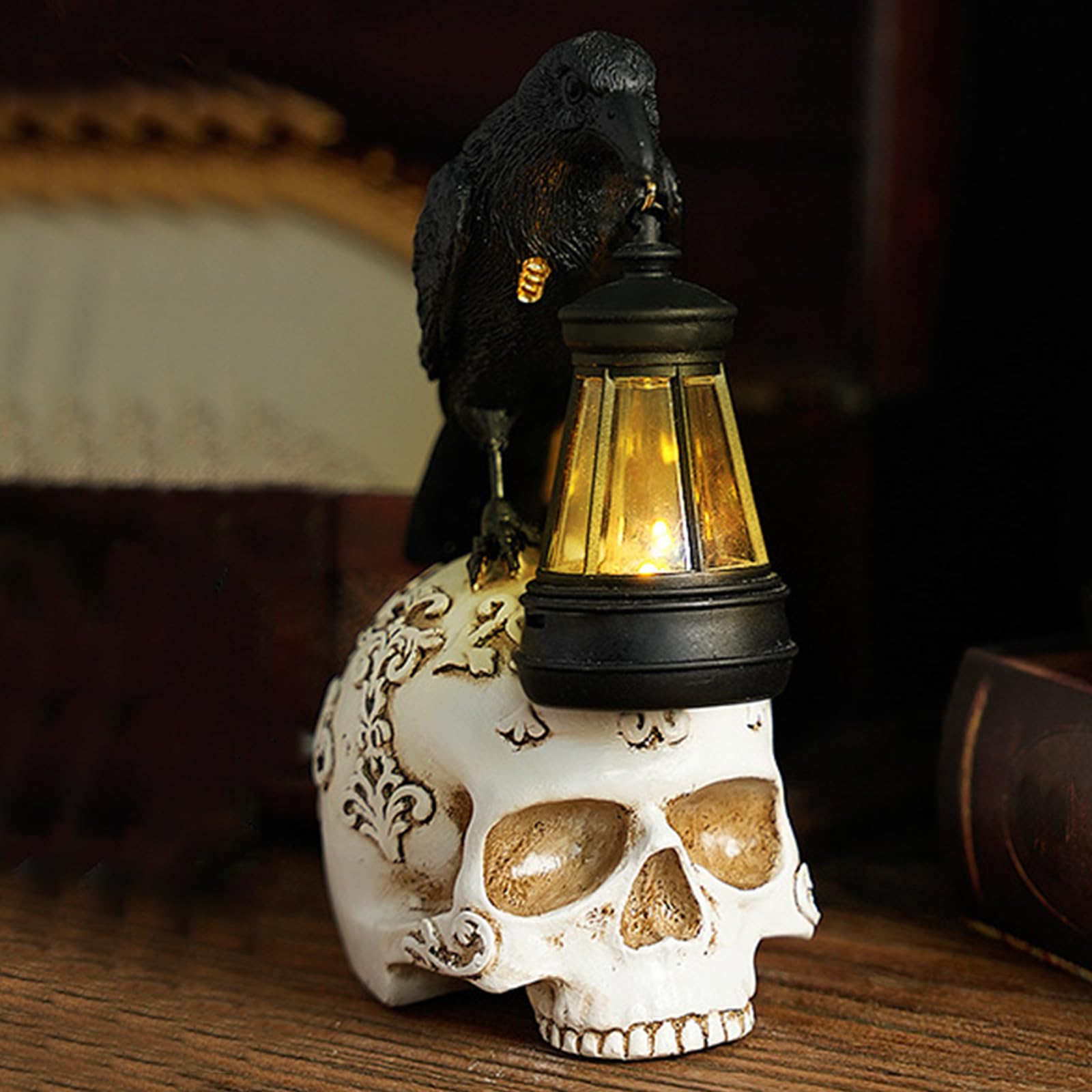 1PCS Halloween Crow Skull Lamp, Solar Powered Retro Gothic Crow Night Light