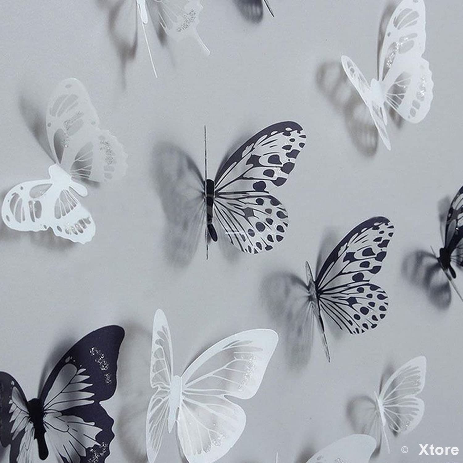 Xtore 18 pcs 3D Home Decor Black & White Shiny Butterfly | Beautiful Decor Item | Comes with Sticking pad - (Set of 18, Black & White)
