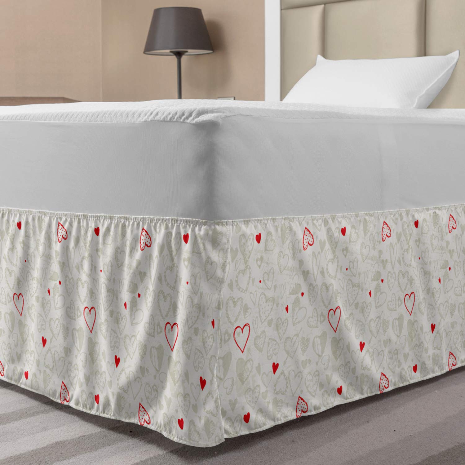 Lunarable Hearts Elastic Bed Skirt Sketch Style Valentines Day Contrasting Colors Various Motifs Love Theme Wrap Around Fabric