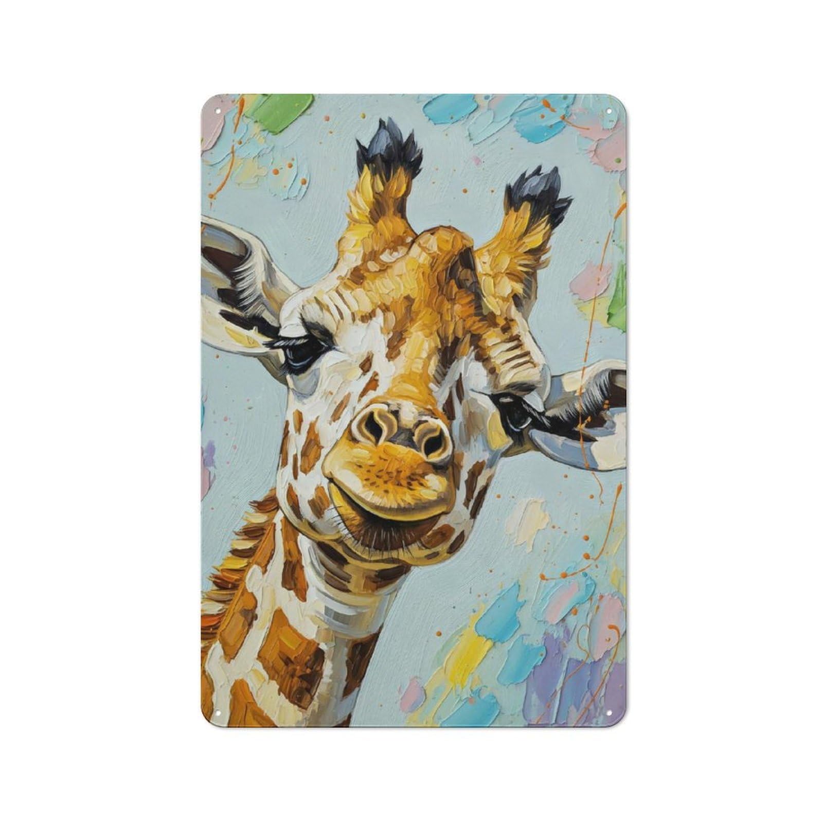 Junmoney Style-9 Rustic Tin Sign With Giraffe Portrait Painting Design 30X20cm, Casual Garden Room Wall Plaque For Shed, Garden Room, Porch Or Garage