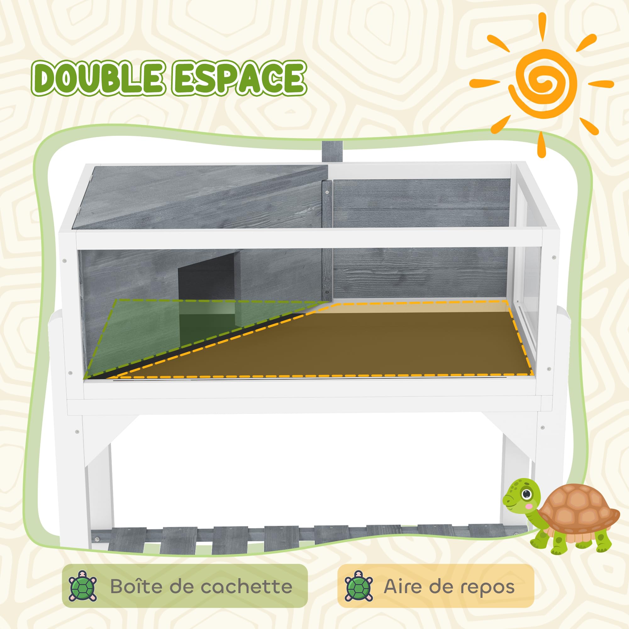 PawHut Casa per tartarughe su piedini a 2 zone - terrario per tartarughe terrestri con tetto apribile e zona interattiva - recinto 90 cm, supporto lampada, vista panoramica e ripiano - grigio