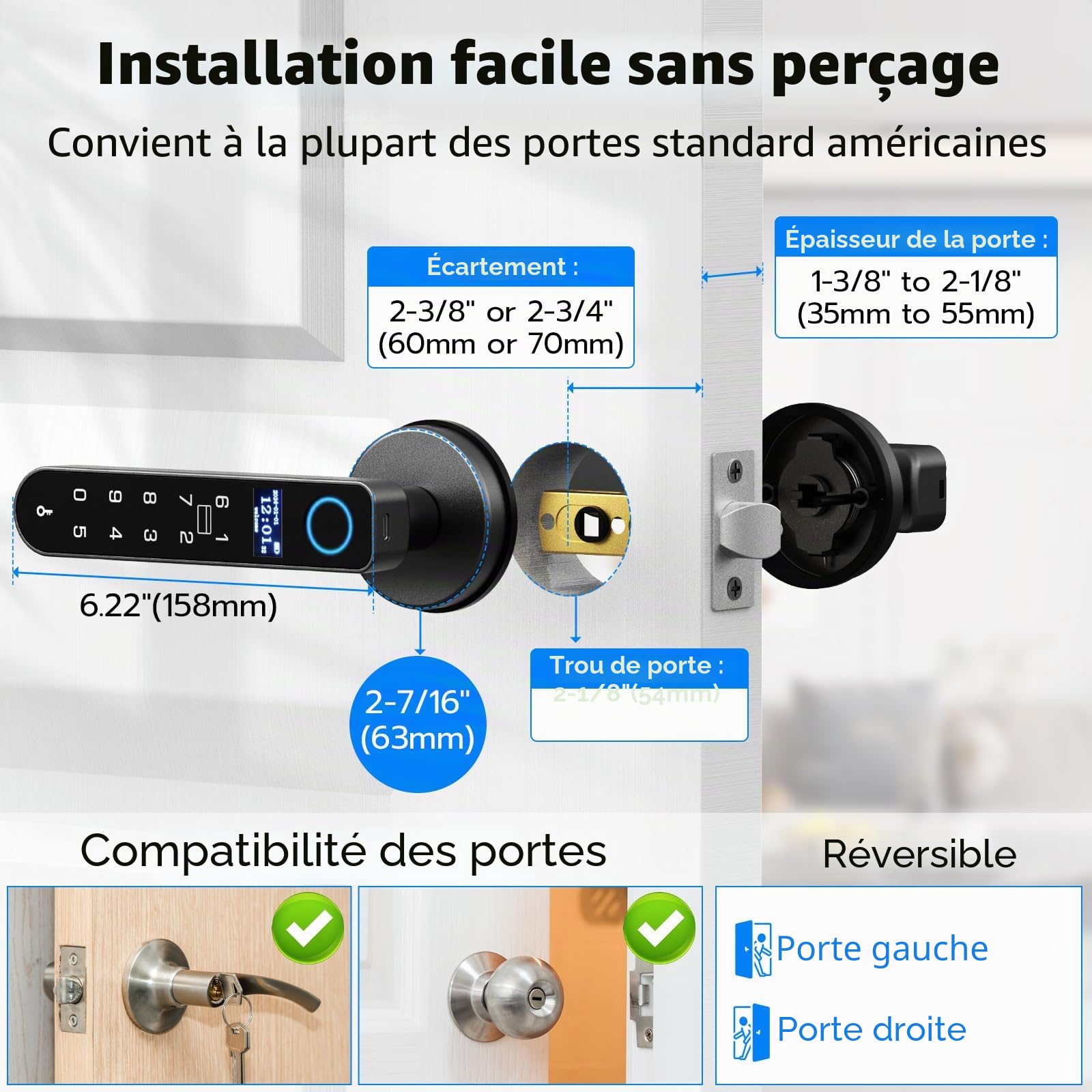 Anweller Serrure de porte intelligente avec écran d'affichage, serrure de porte biométrique à empreintes digitales avec clavier à code APP entrée sans clé serrure intelligente poignée de porte pour