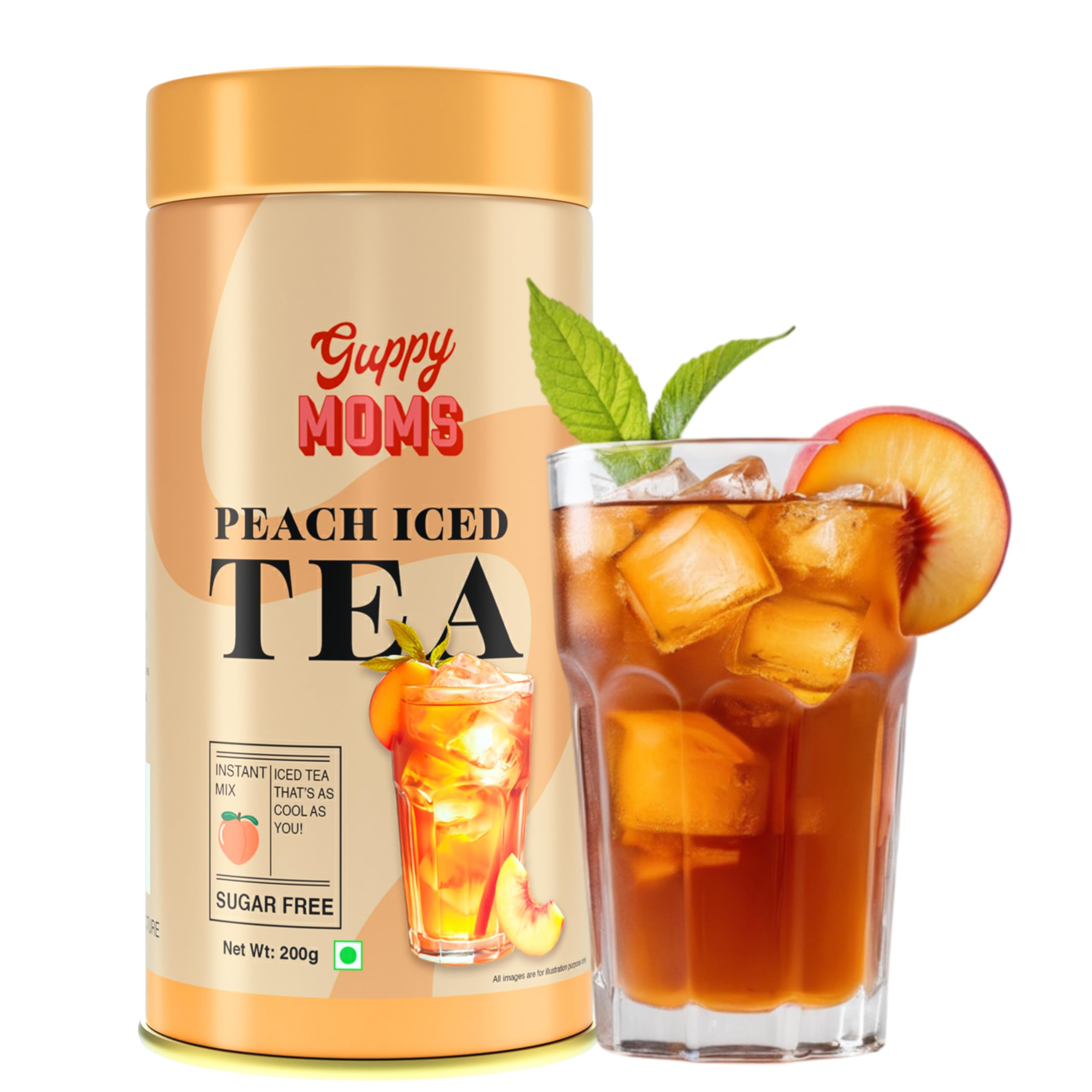 Guppy Moms Sugar-Free Peach Iced Tea Mix | Fruit Drink Powder | Premium Mixer & Natural Energy Drink | 200g – Up to 20 Servings