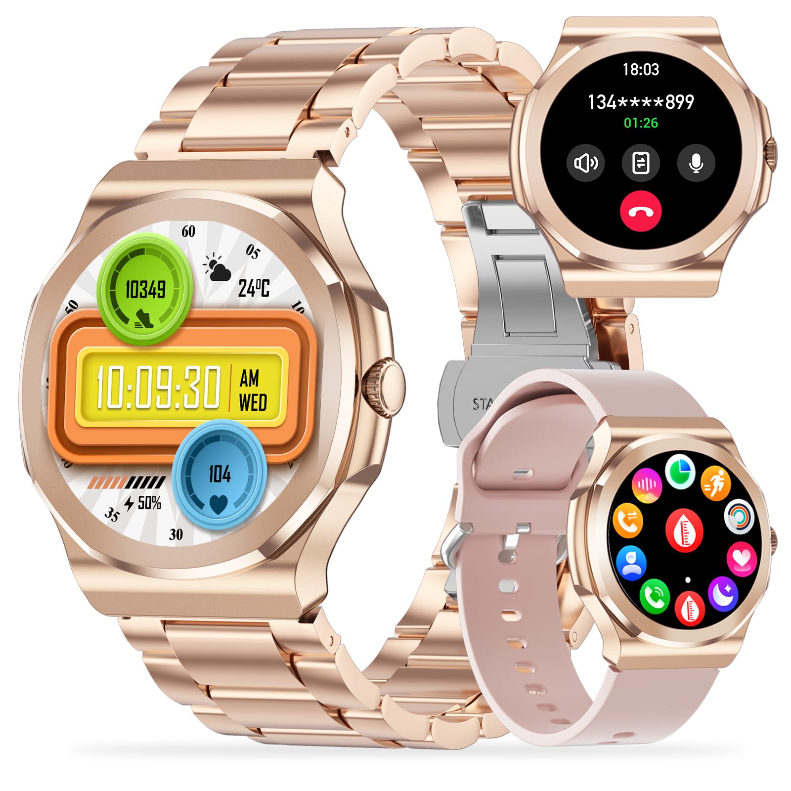 Smart Watch per uomo e donna, 1,25 pollici HD Fitness Tracker con Bluetooth chiamate/frequenza cardiaca/monitoraggio del sonno/100+ modalità sport, acciaio inox+cinturino in silicone per