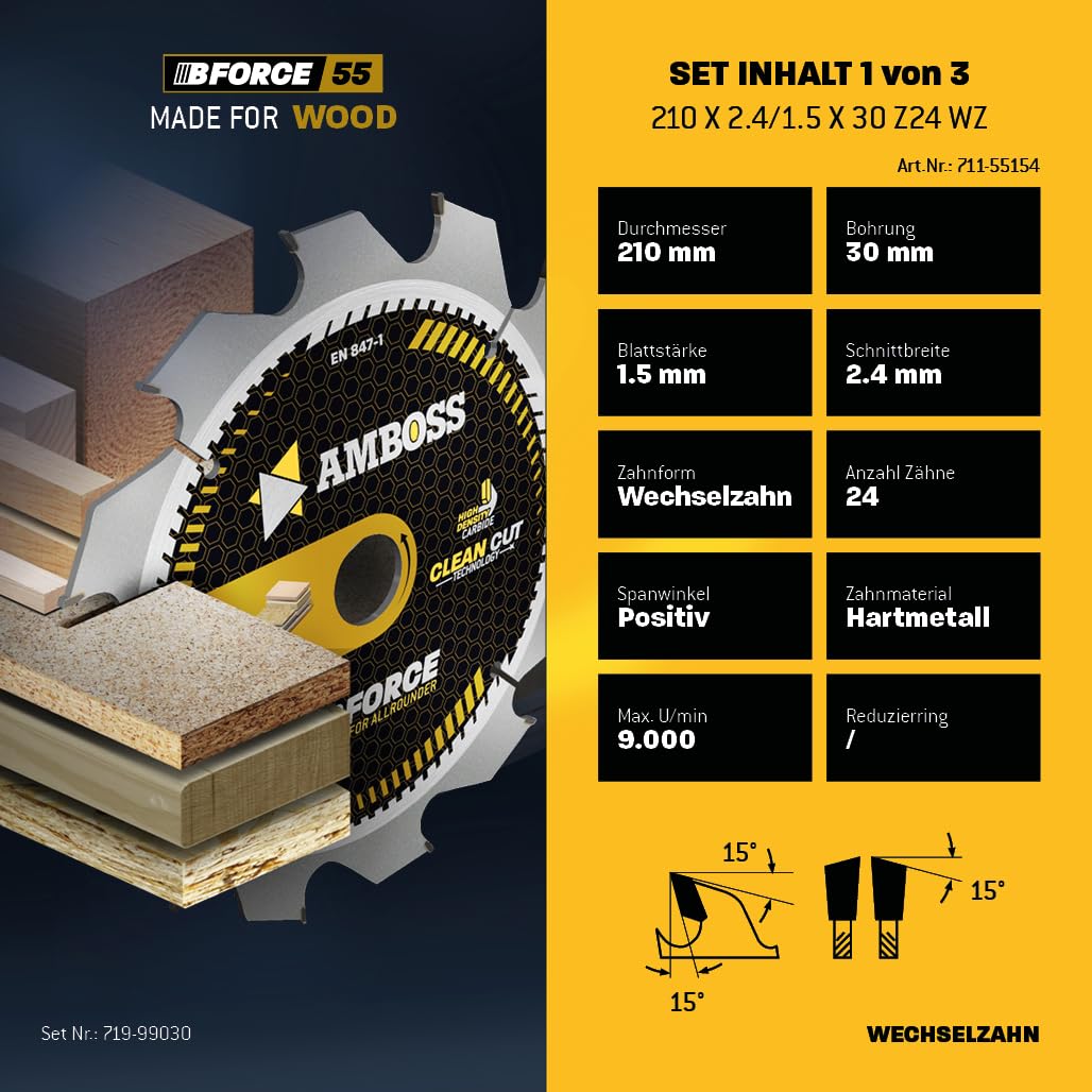 Ø 210 x 30 zestaw ręcznych brzeszczotów do piły tarczowej pasuje do Makita 5008 MG, Festool TS75EBQ - AMBOSS WERKZEUGE® 210 x 30 asortyment brzeszczotów do piły
