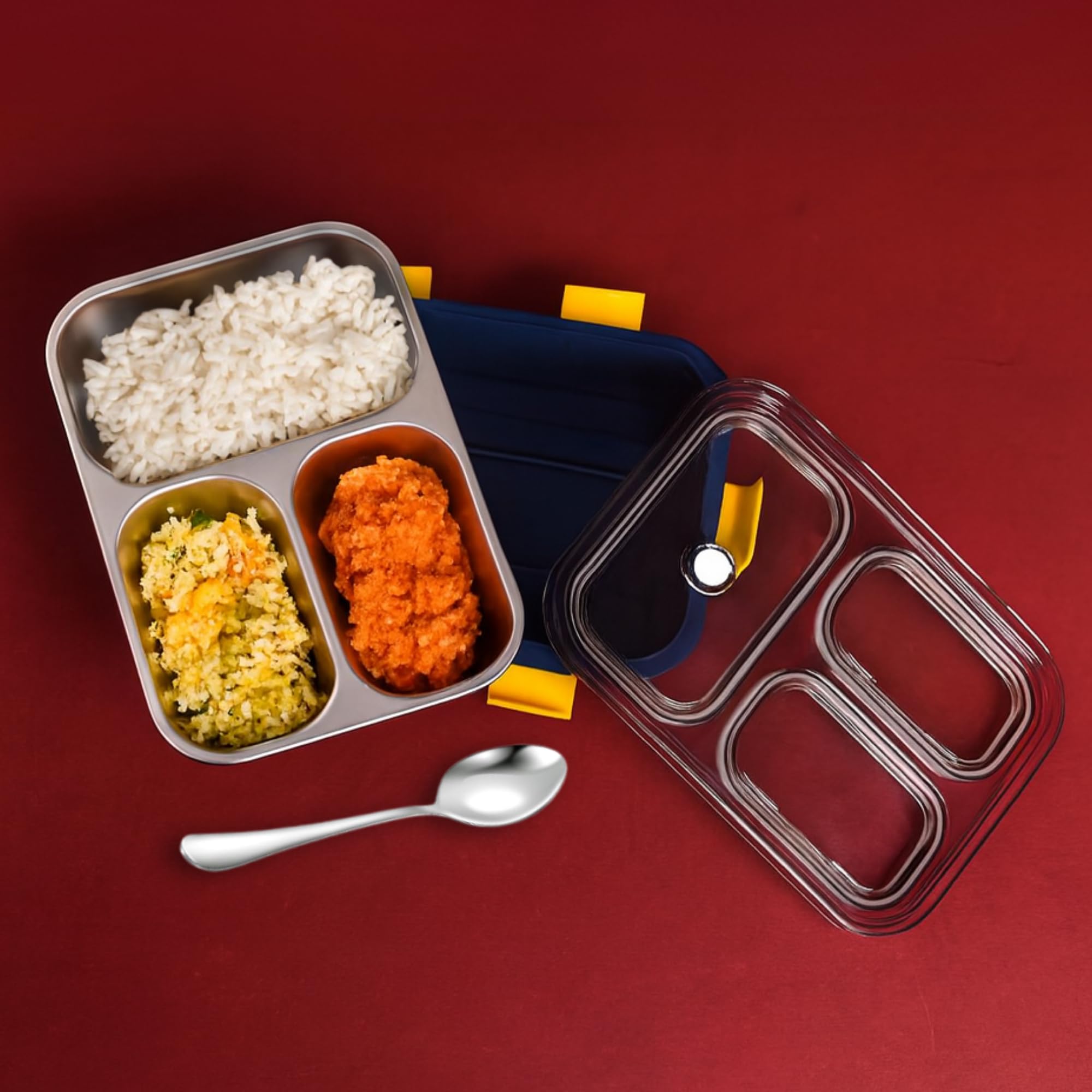 Clazkit 3 Compartment Stainless Steel Lunch Box, Leakage Proof Lunch Box for School Kids and Adults Pack of 1 Blue,750ML