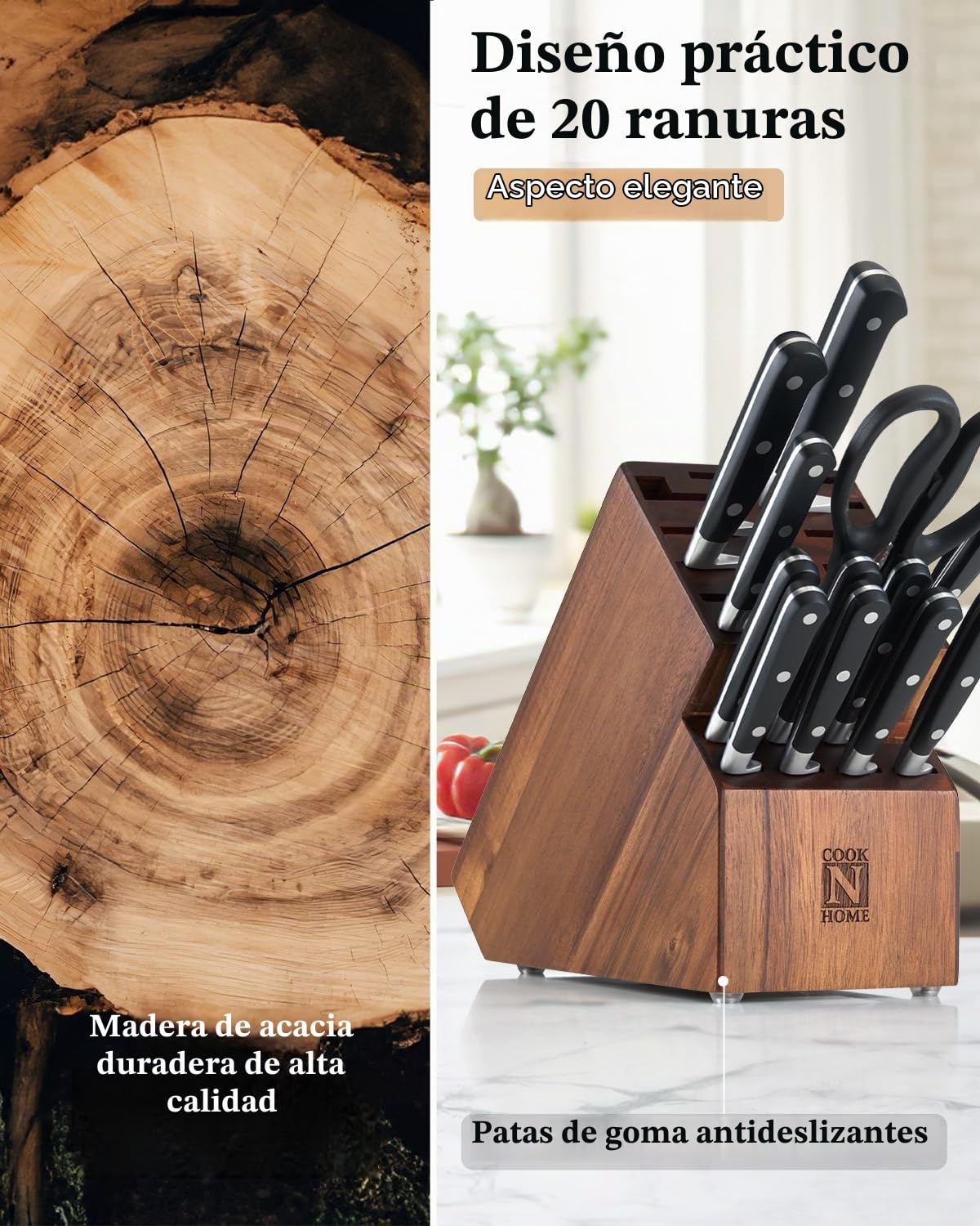 Cook N Home Bloque de almacenamiento para cuchillos, 20 ranuras, madera de acacia, 2660