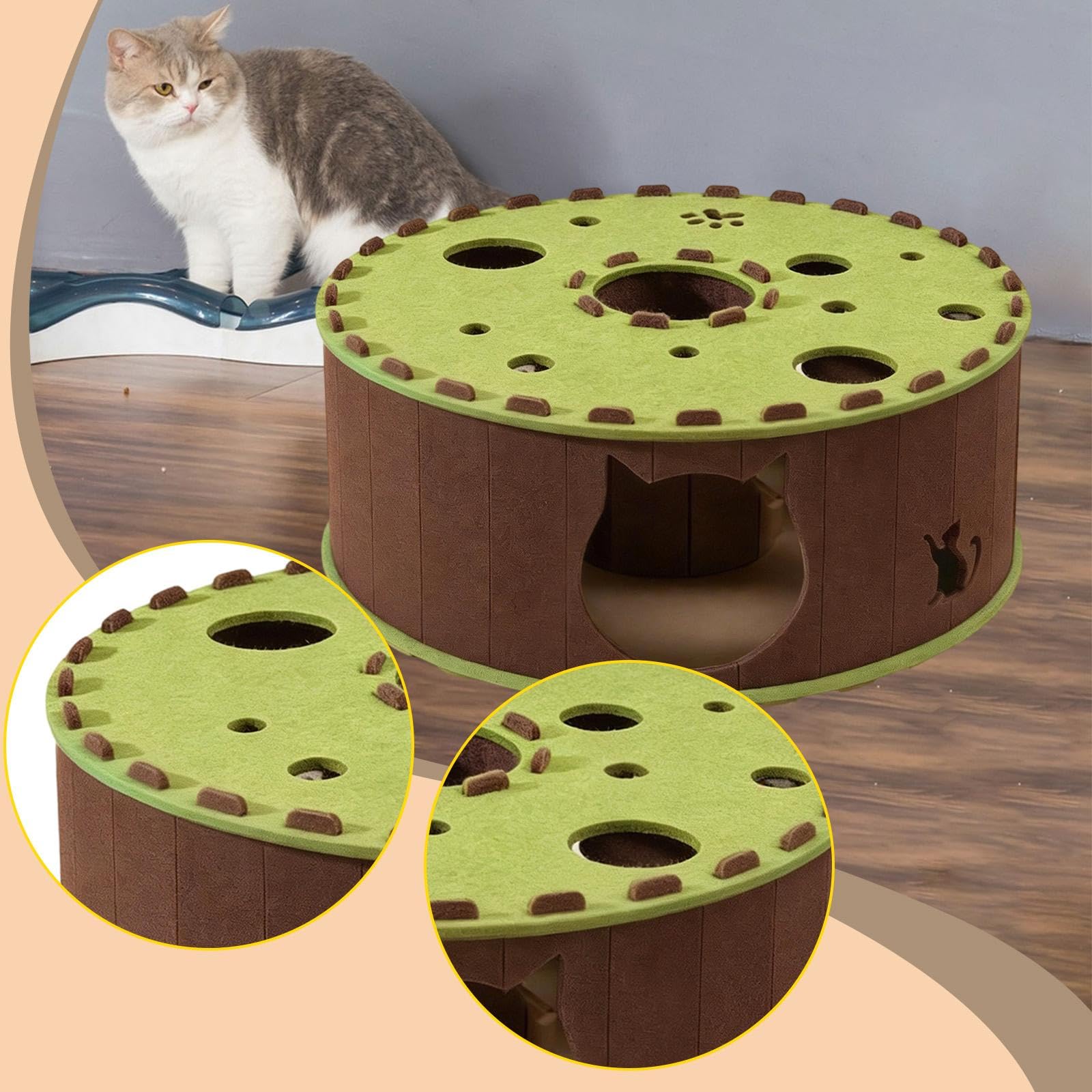 Tunnel pour Chat Tube de Jeu Interactif Lit Chaud Abri Feutre Portable Centre D'Activité Autonome pour Animaux de Compagnie Adapté à l'exercice Au Jeu, Vert