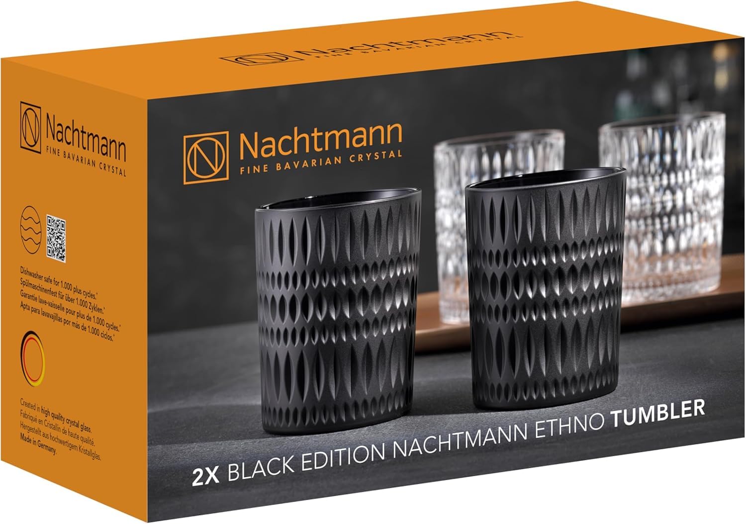 Nachtmann Ethno Whisky Tumbler, 6-teiliges Whiskybecher-Set, 304 ml, Schwarze Whiskygläser aus Kristallglas mit Schliffdekor, Spülmaschinenfest, Schwarz, 105395-3