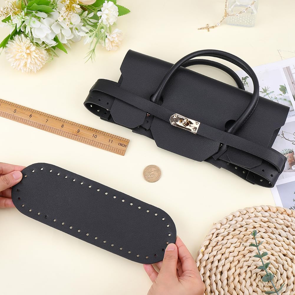 PU Leather Purse Shaper Pad Base Oval Handbag Crochet Reviet Bottom Flap Cover Hand Strap Top Flip DIY Bags Knitting Set for Purse Backpack Crossbody Bag Accessories(Black)