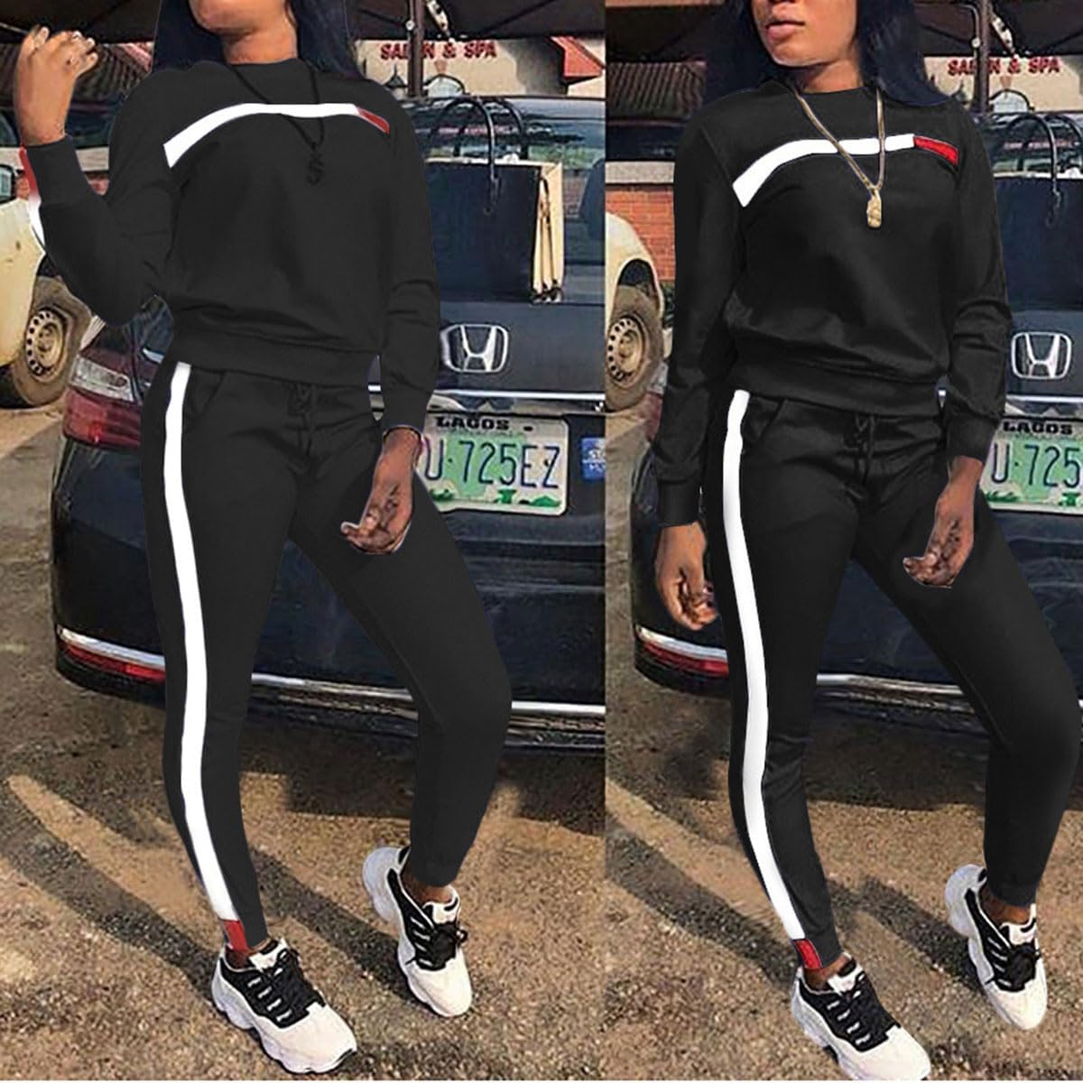 KANSOON Women Side Stripe Patchwork Two Piece Sweatsuit Round Neck Pullover and Skinny Jogger Pants Set