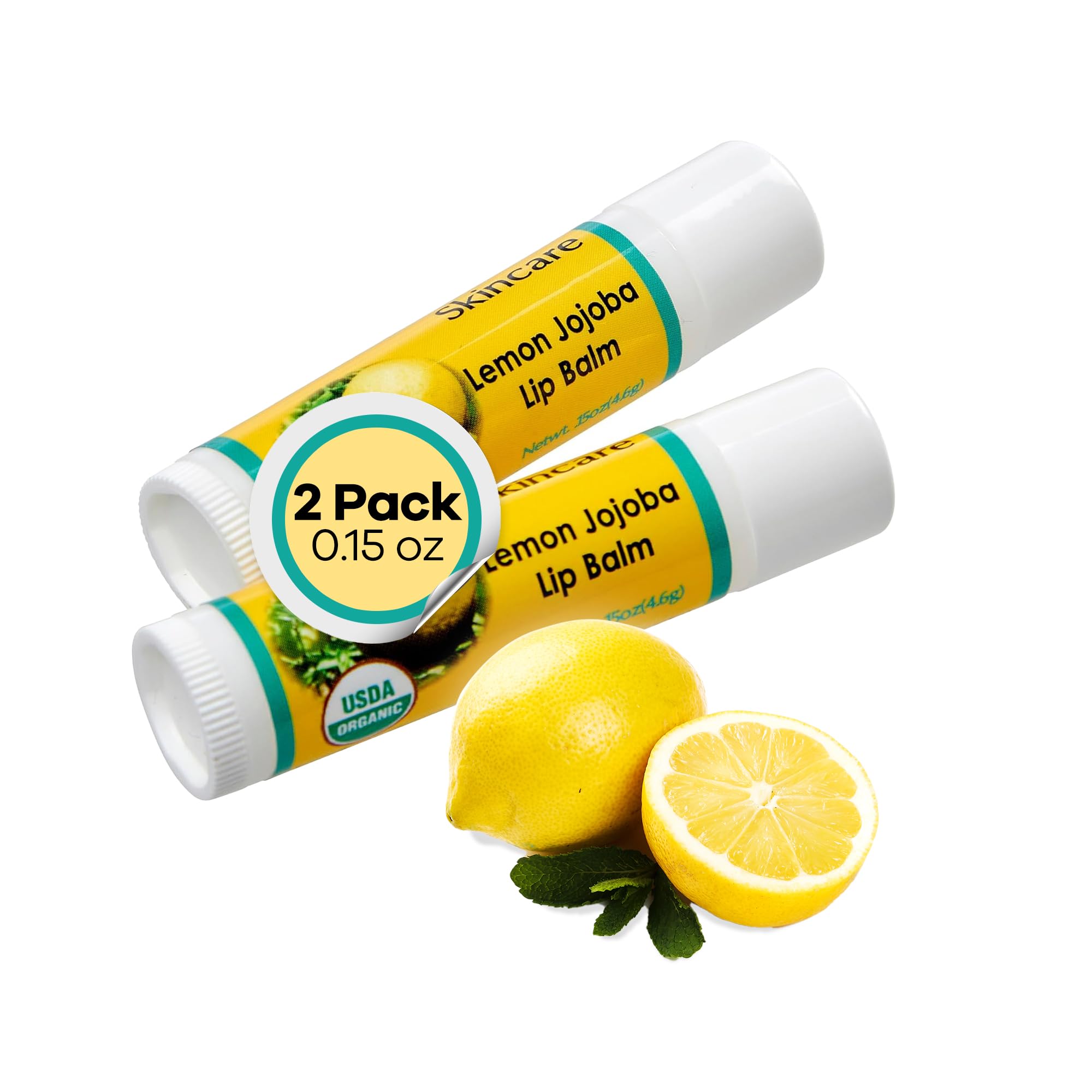 | USDA Organic Lemon Lip Balm – 70% Jojoba Oil with Beeswax – Steam Distilled Lemon Essential Oil – Natural Moisture for Dry, Chapped Lips – 2-Pack (0.15 oz / 4.6 g Each)