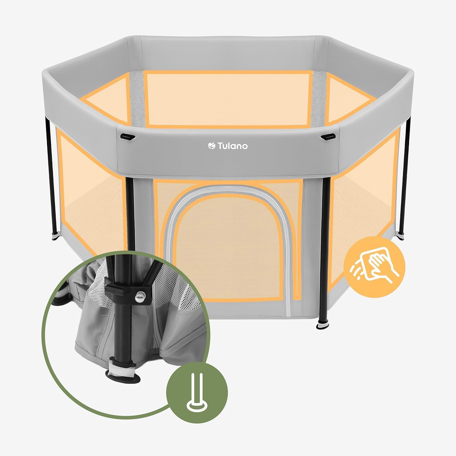 Tulano Cozy 30 Reise-Laufstall Baby faltbar 125x66 cm – Kompakter Kinderlaufstall mit Boden – Netzseiten – Reißverschluss-Tür – rutschfeste Füße – Tragetasche – Indoor & Outdoor – 6–36 Monate - Grau