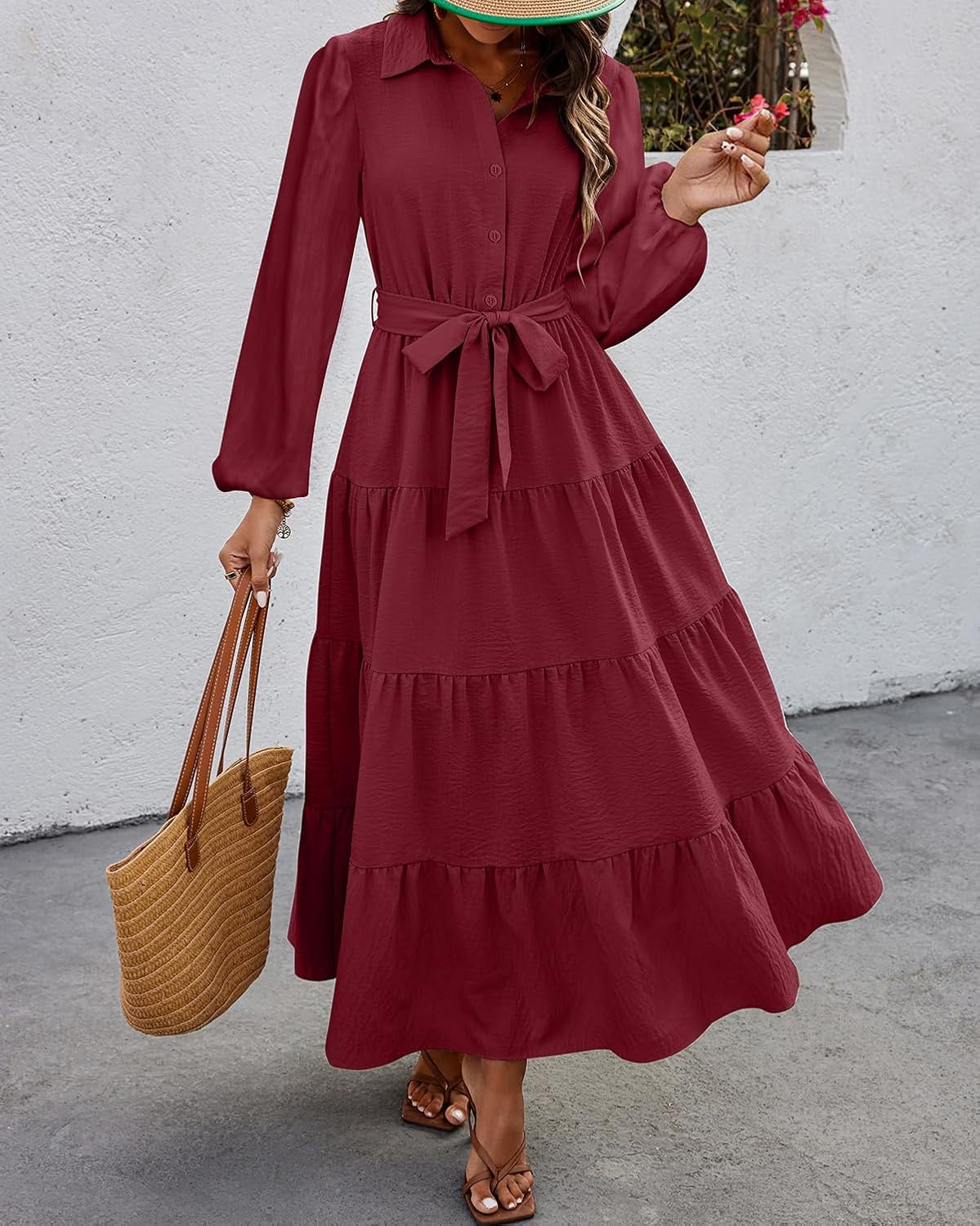 dowerme Women's Long Sleeve Dress 2026 Button Down Belted A-Line Flowy Spring Outfits Ruffle Maxi Holiday Party Dresses - Image 4