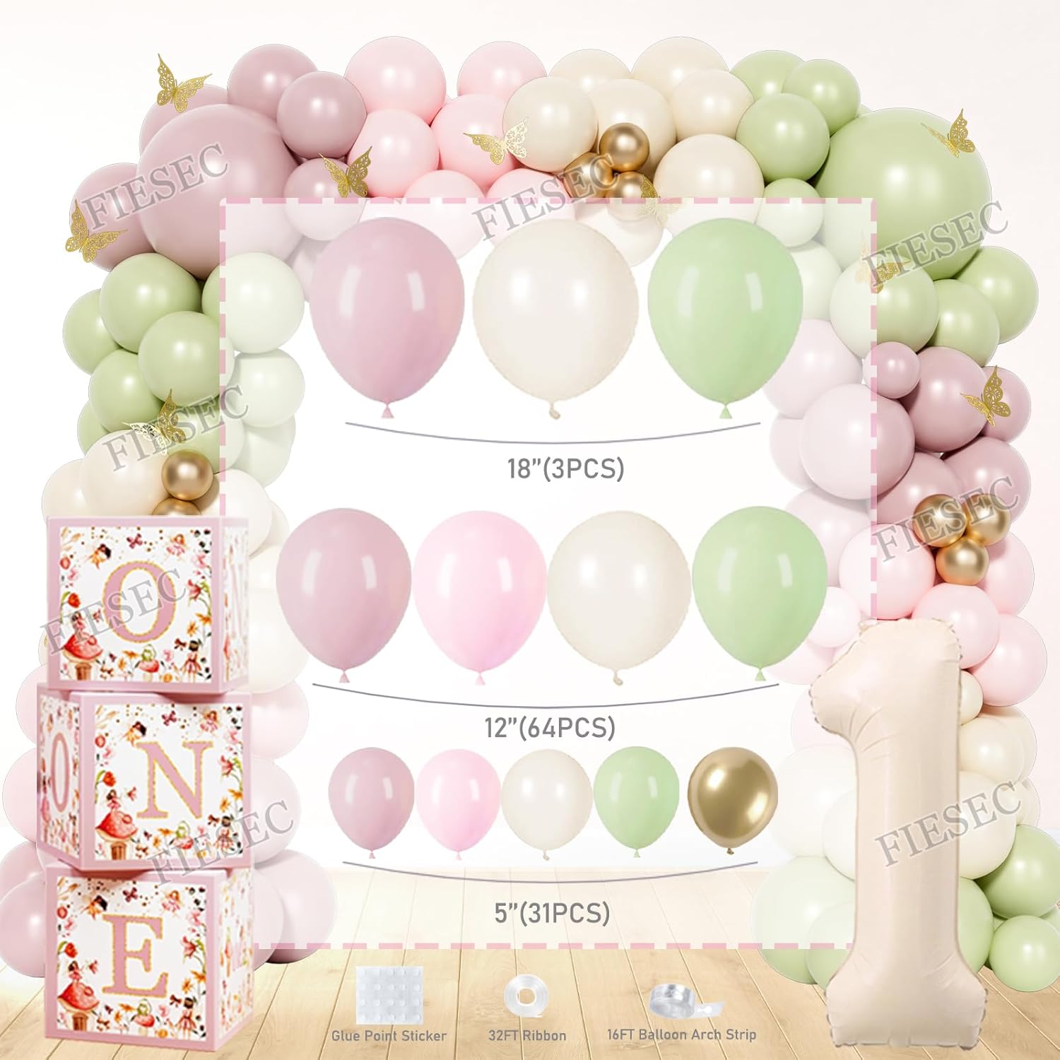 Fairy First Birthday Decorations, 156 PCs 1st Birthday Decor Girl Party Supplies Cake Cupcake Toppers Backdrop Tablecloth Hanging Swirls Foil Balloon 3D Butterflies Hat Poster Banners Marker