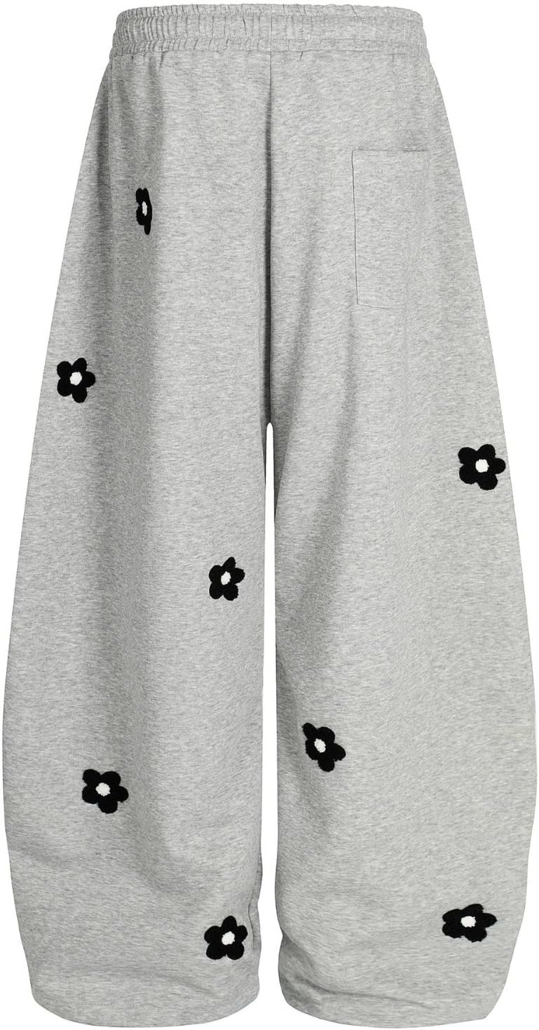 Unisex Flower Embroidery Sweatpants Y2K Baggy Wide Leg Pants Casual Elastic Drawstring Lantern Barrel Trouser