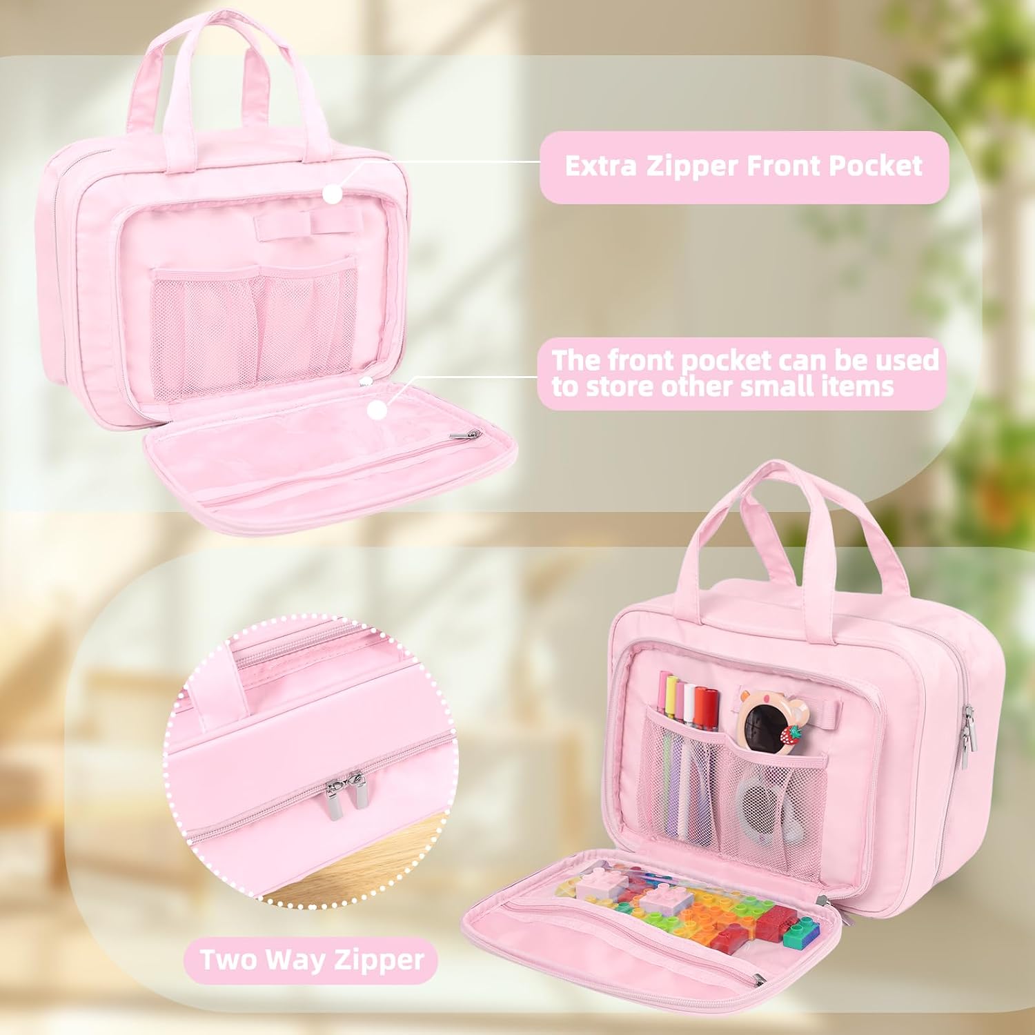 Kids Travel Organizer, Portable Storage Bag for Toys, Snacks, & Activities, Travel Waterproof Organizer Bags with Hook & Carry Handle, Multi-Compartment (Pink)