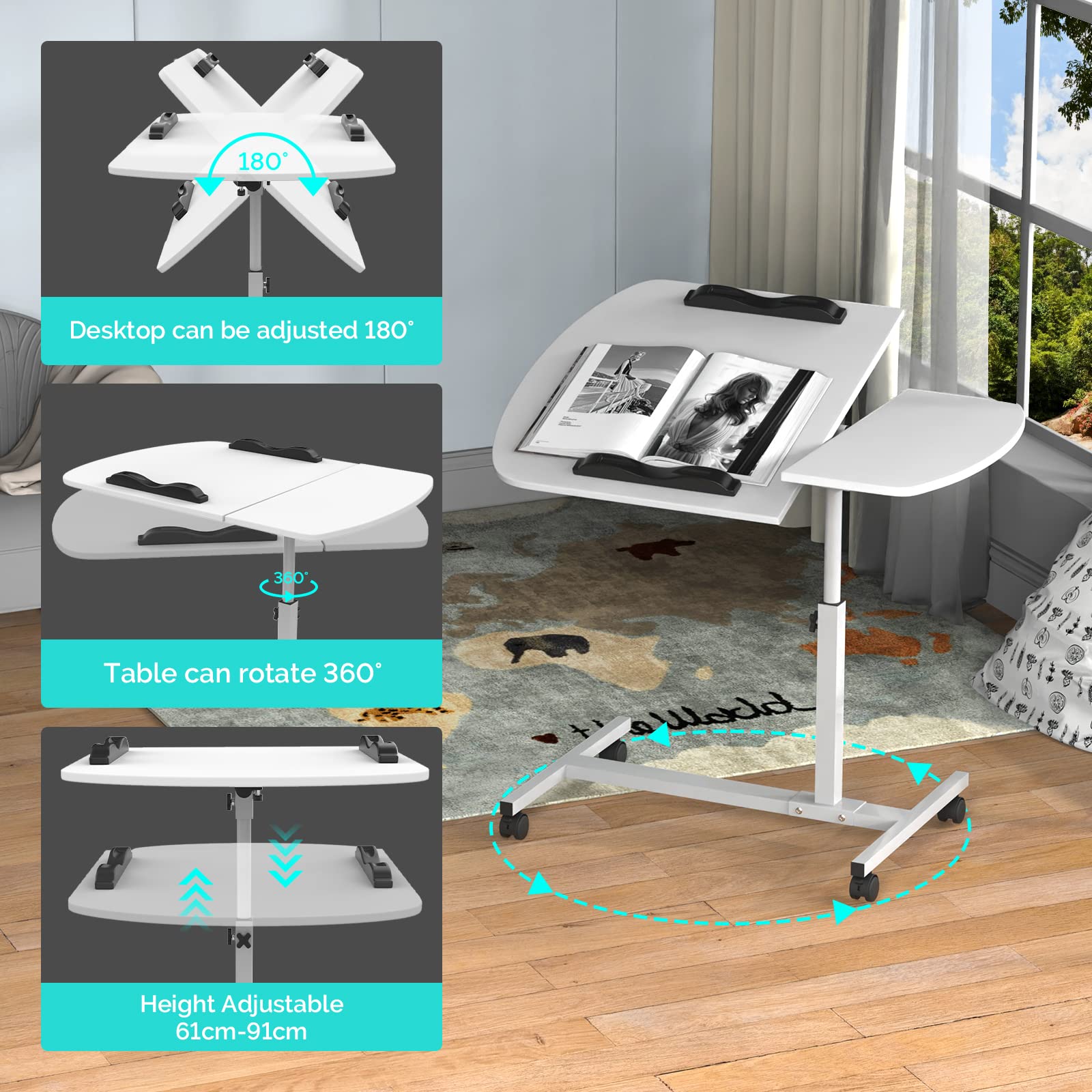 PIPIPOXER 60x40cm Tavolino da Laptop, Tavolino con Ruote, Scrivania per Laptop con Strisce Antiscivolo Scrivania Mobile Regolabile in Altezza 61-91cm per PC per Tavolino Tablet Portatile, Bianco