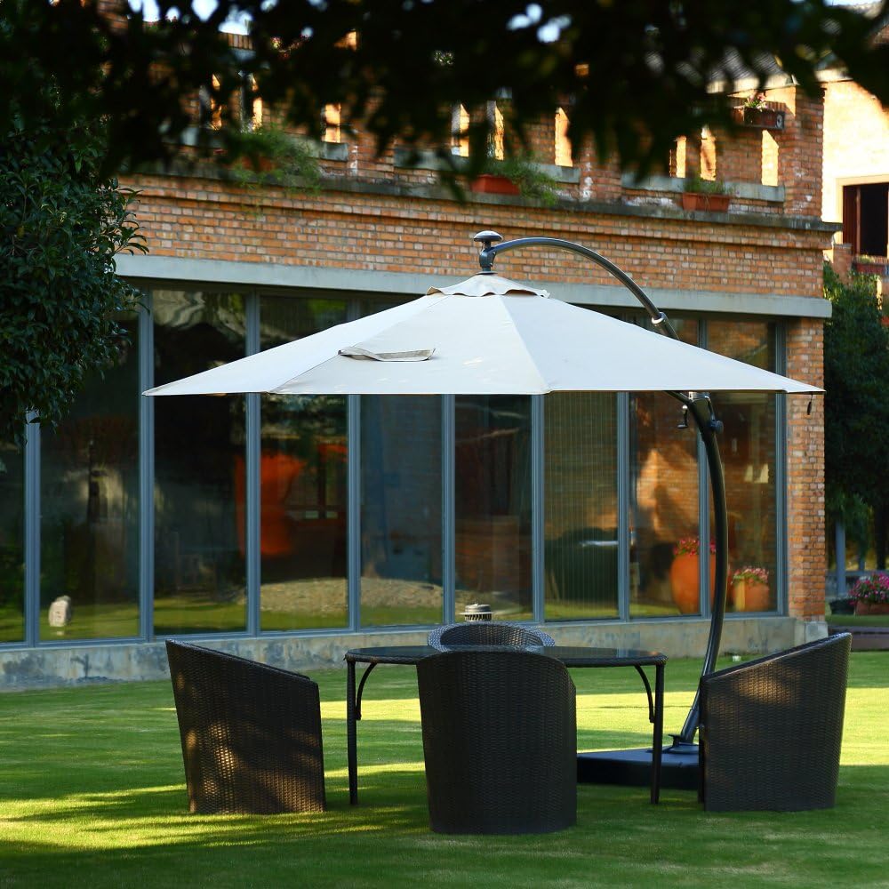 Respace 360° Rotation Patio Umbrella 11 Ft Deluxe Aluminum Outdoor Cantilever Umbrella Round Canopy with Solar Powered LED Lighted Includes Base