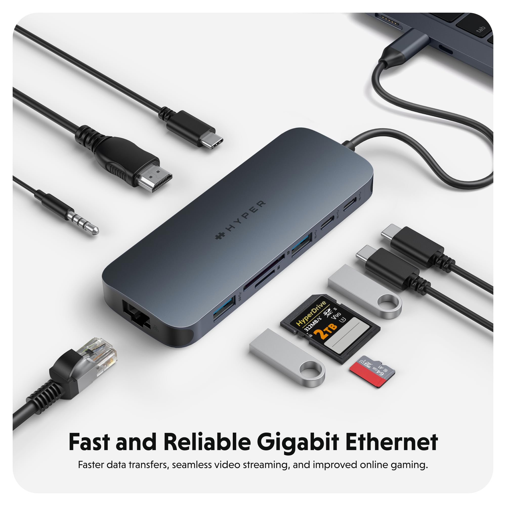 Hyper Drive Next Hub USB C 10 ports pour Mac, PC et Chromebook avec HDMI 4K60Hz, 2 USB-A, hub USB-C 10 Gbps 140 W, lecteur de cartes SD et microSD, Ethernet, ports audio de 3,5 mm