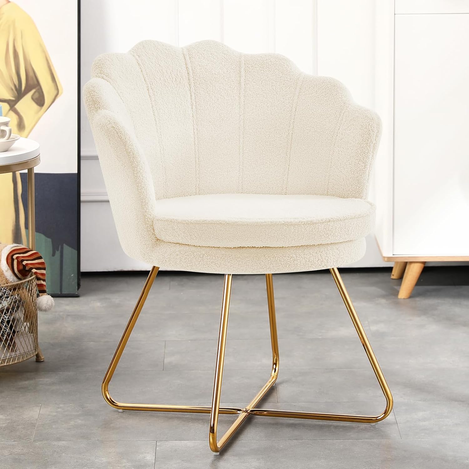 Furnimart Vanity Chair with Back, Shell Accent Chair for Living Room, Criss Cross Chair with Gold Legs, Makeup Chair for Bedroom Desk Chair no Wheels, Faux Fur White