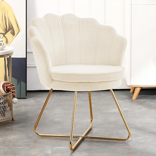 Miniatura 7 de Furnimart Silla de tocador con respaldo, silla decorativa de concha para sala de estar, silla cruzada con patas doradas, silla de maquillaje para